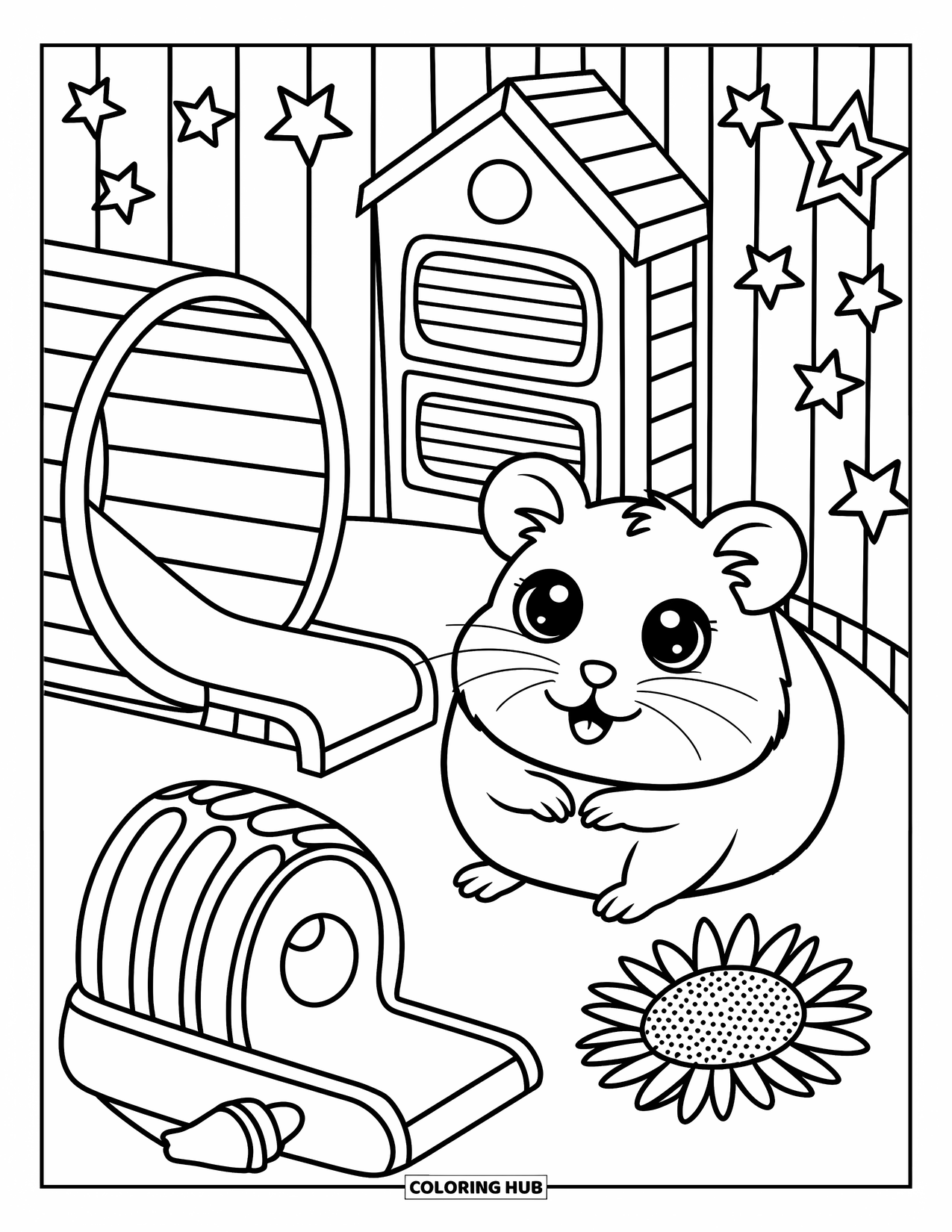 Pet Coloring Page for Adults: A curious hamster plays in a tiny playground with stars and sunflower seeds