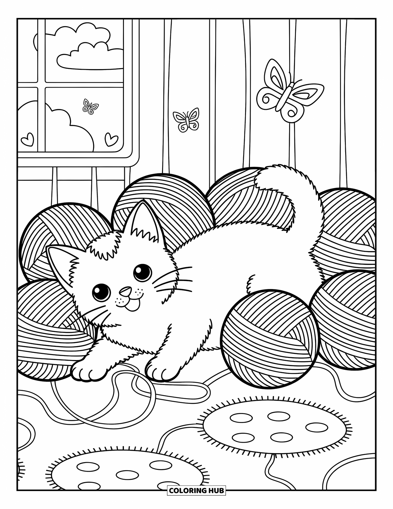 Pet Coloring Page for Adults: A cute kitten plays with yarn beside a window and soft rug