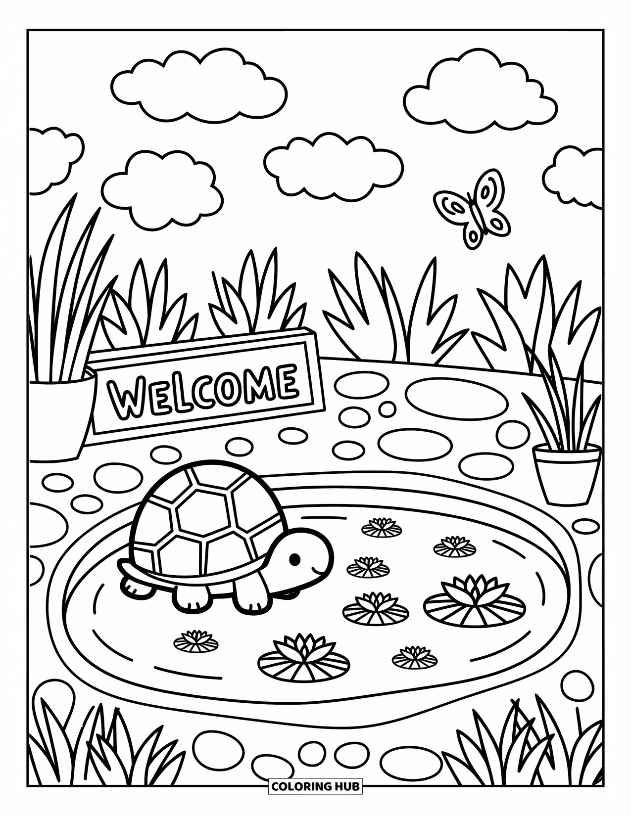 Pet Coloring Page for Adults: A happy turtle relaxes near a pond with a welcome sign and soft clouds