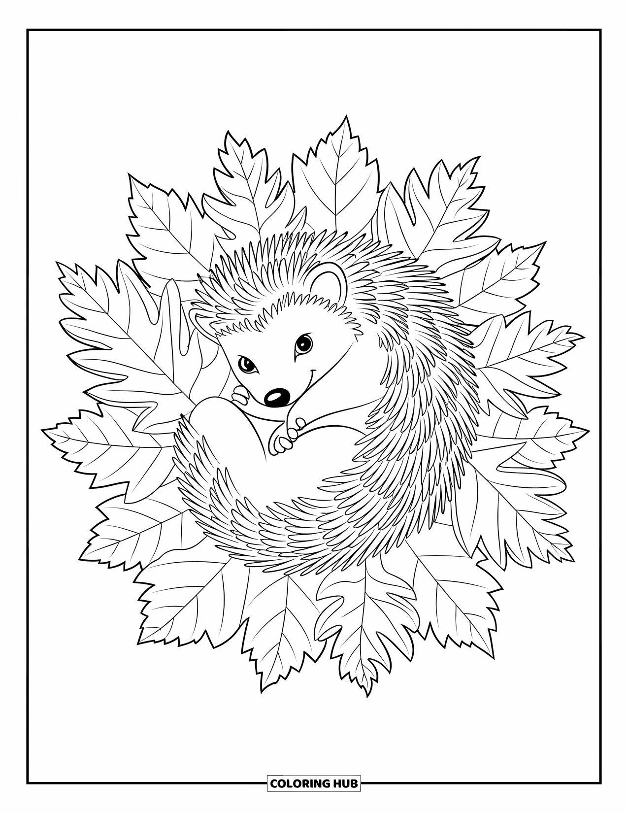 Pet Coloring Page for Adults: A hedgehog snuggles among detailed leaves in a crisp fall design
