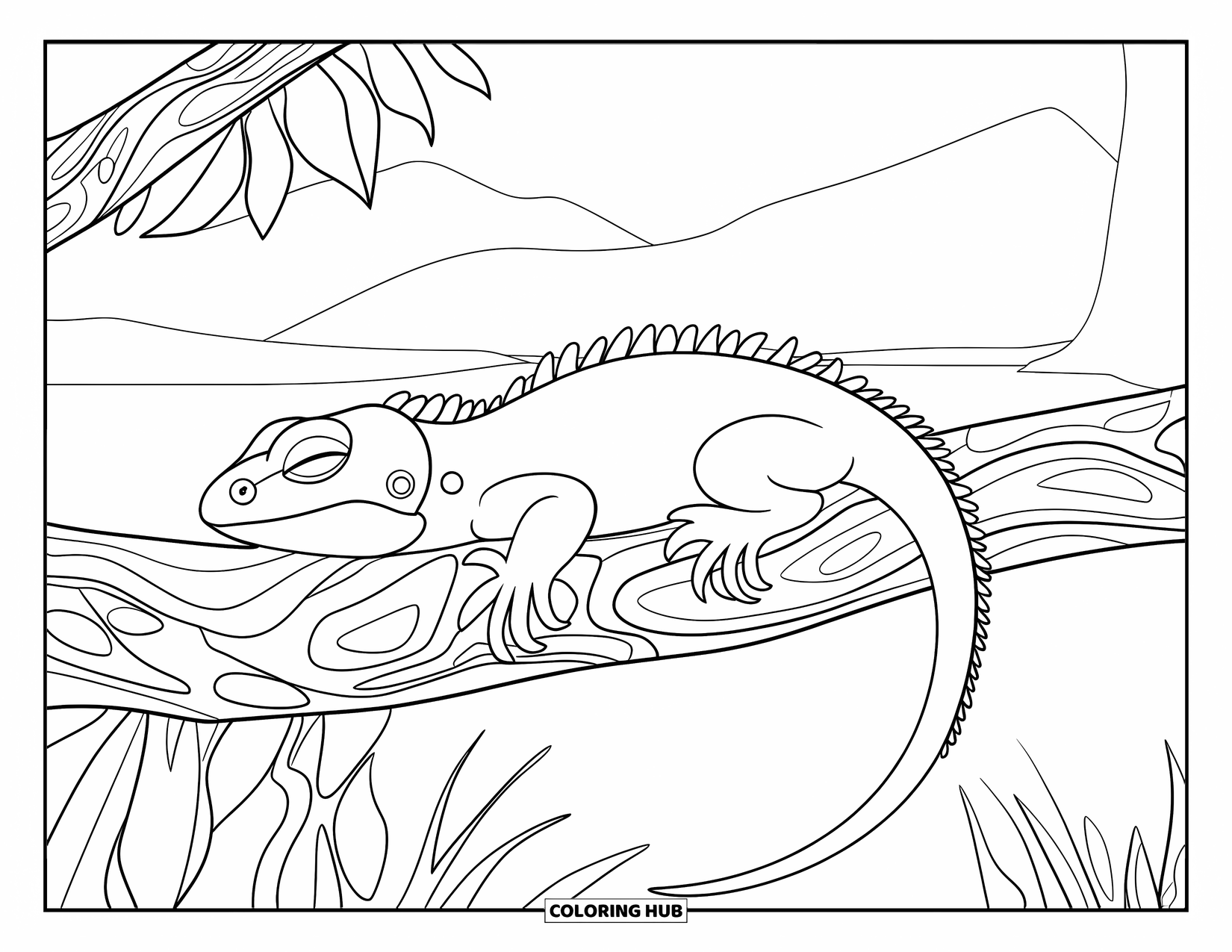 Pet Coloring Page for Adults: A lizard naps on a swirly branch above mountains and water