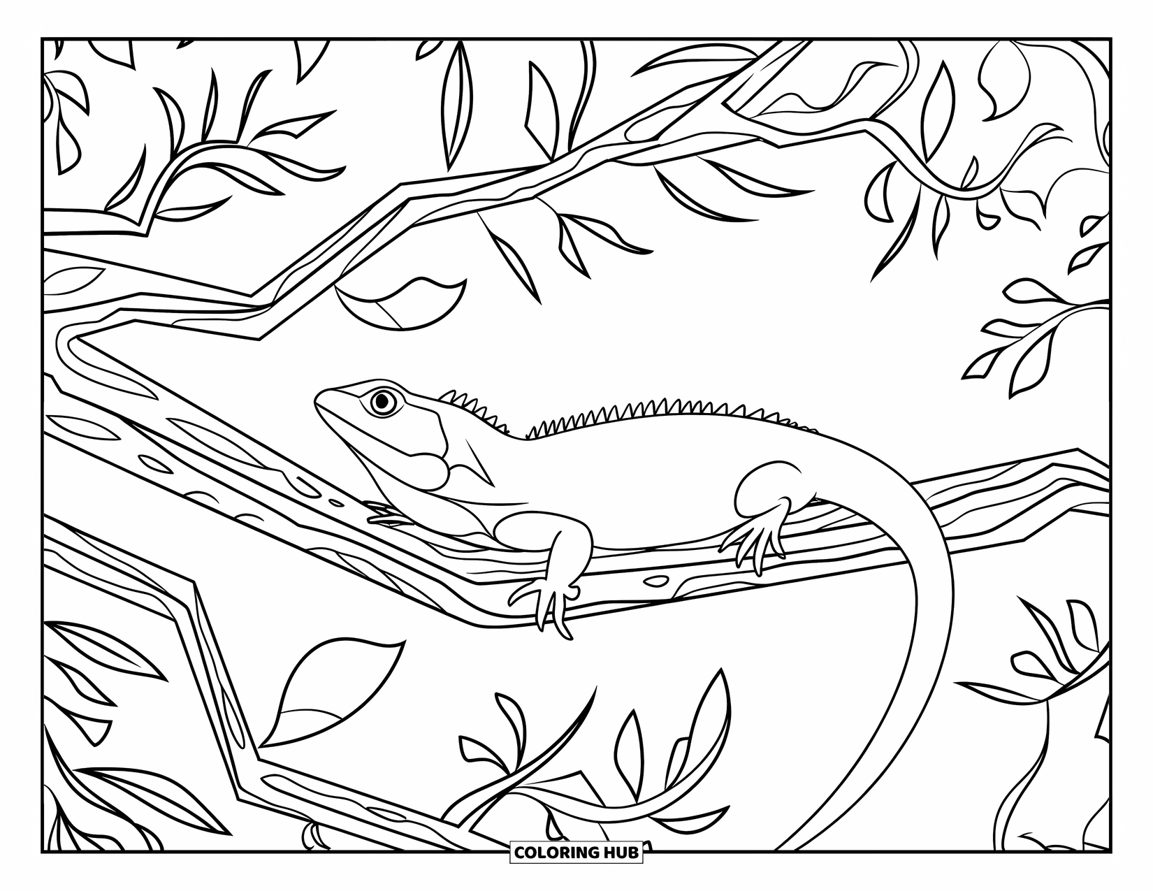 Pet Coloring Page for Adults: A lizard rests on a branch surrounded by patterned leaves and textures