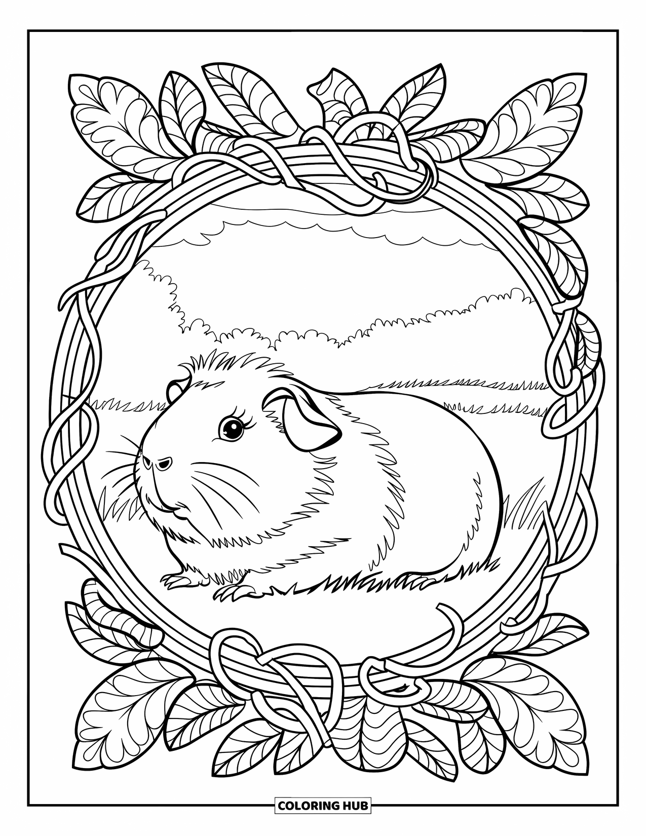 Pet Coloring Page for Adults: A peaceful guinea pig sits on grass surrounded by patterned vines and trees