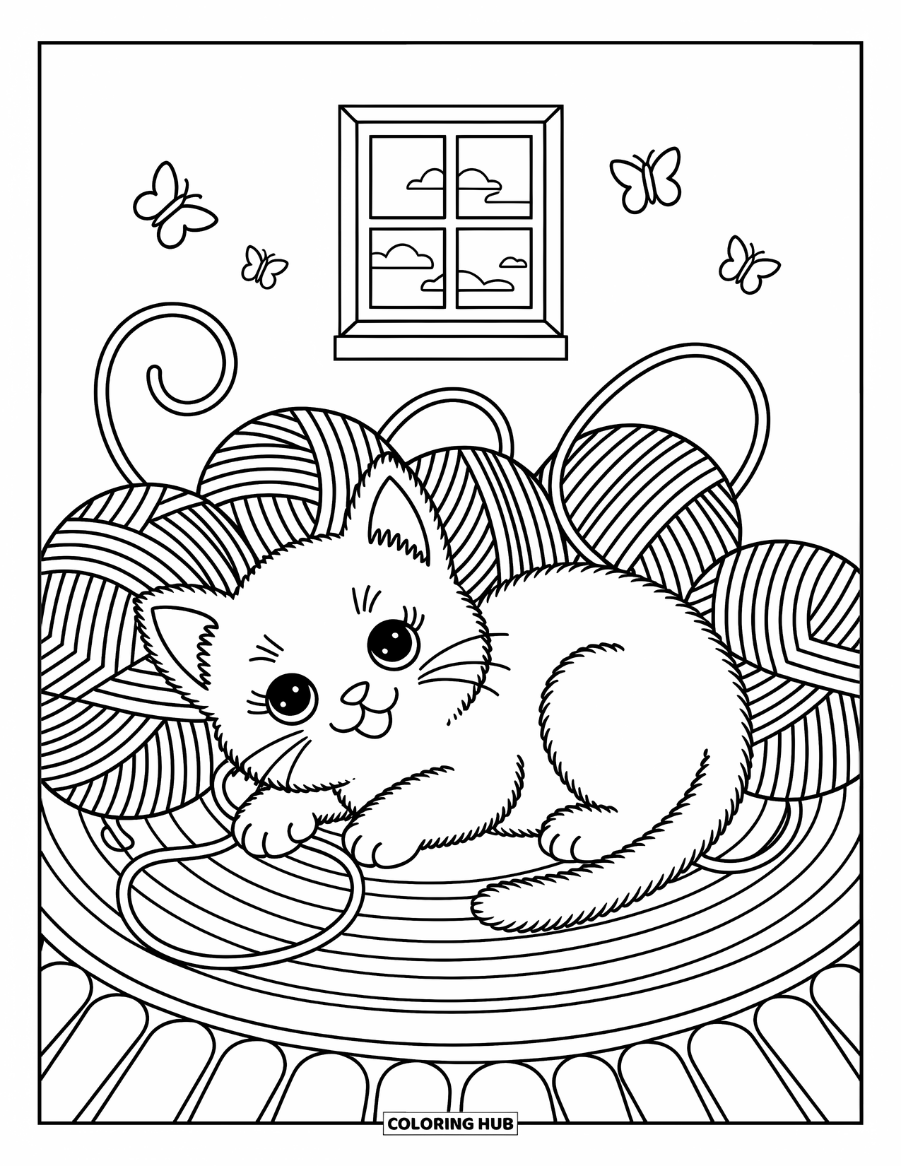 Pet Coloring Page for Adults: A playful kitten lies in yarn as butterflies float by a cozy window