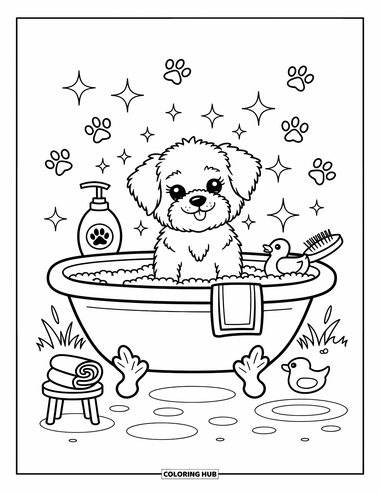 Pet Coloring Page for Adults: A puppy sits in a bubbly bathtub with a duck and tiny grooming tools