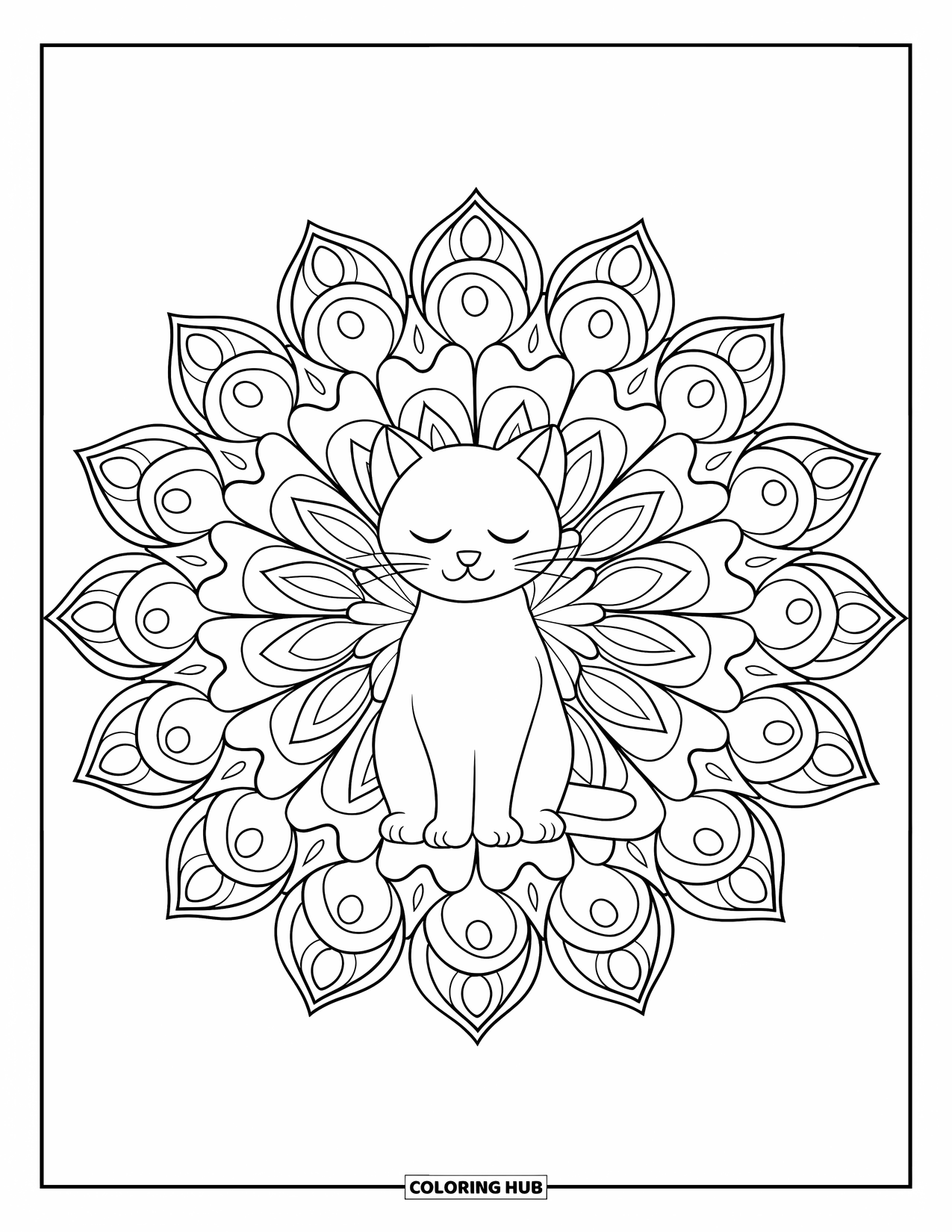Pet Coloring Page for Adults: A quiet cat sits at the center of swirling flower and leaf designs
