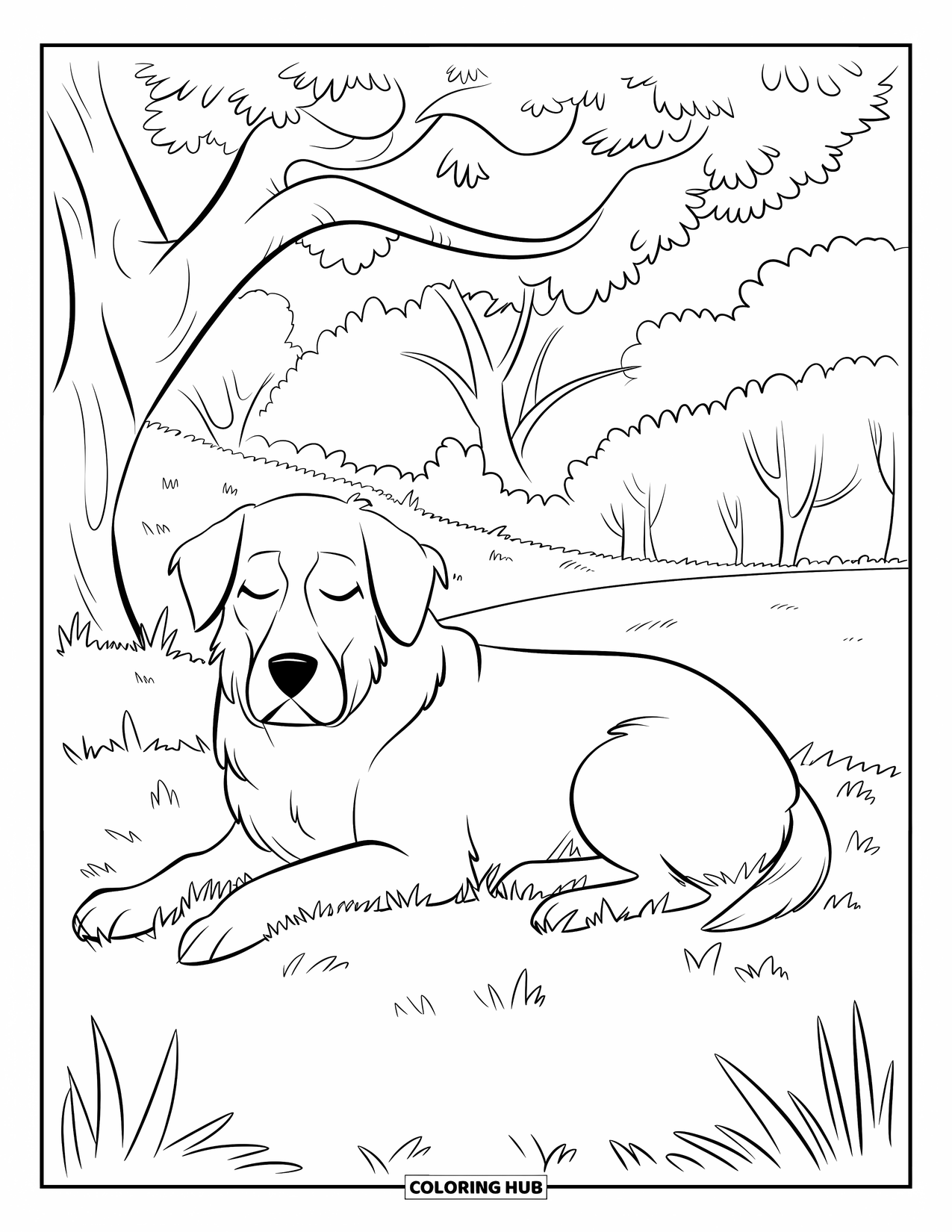 Pet Coloring Page for Adults: A relaxed dog lies in the park under a tree with more trees behind