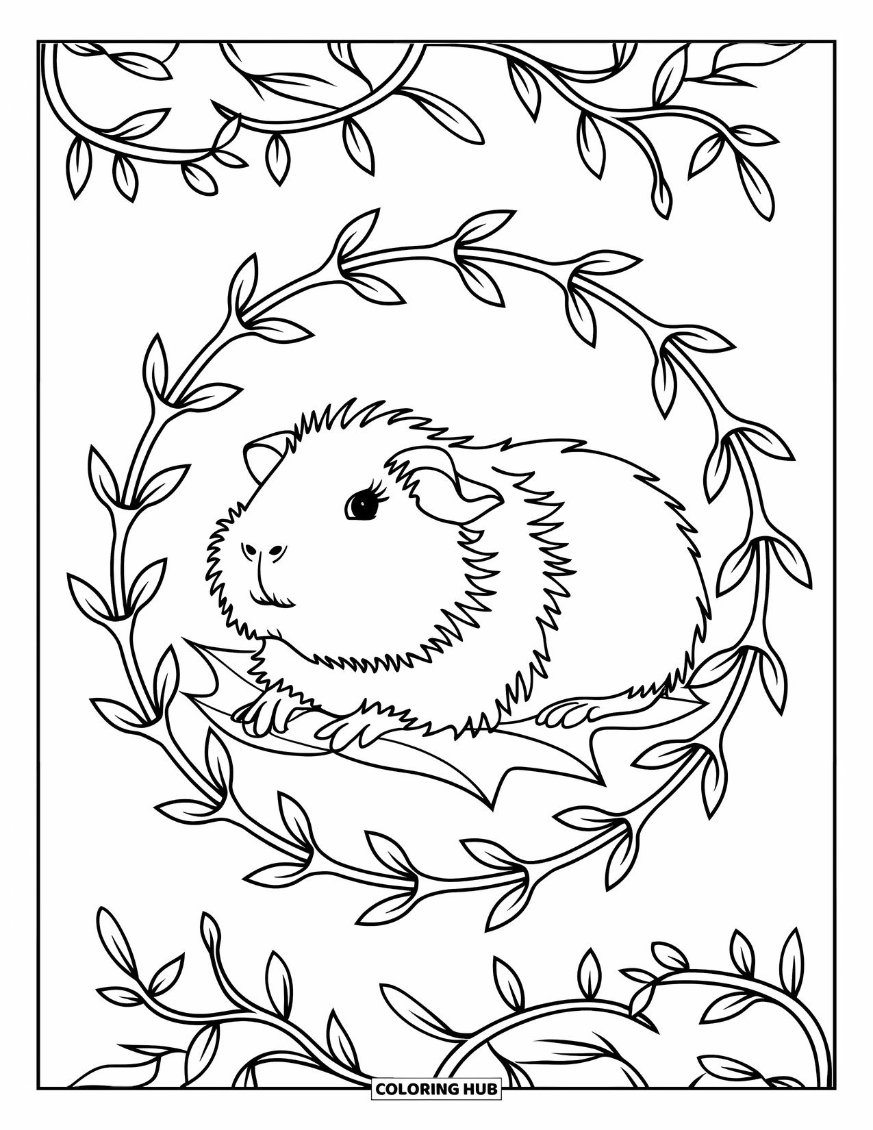 Pet Coloring Page for Adults: A relaxed guinea pig rests on a leaf within a vine circle frame