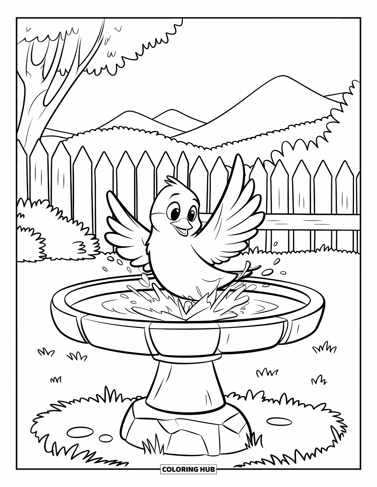 Pet Coloring Page for Kids: A bird flaps its wings in a stone birdbath in a peaceful yard