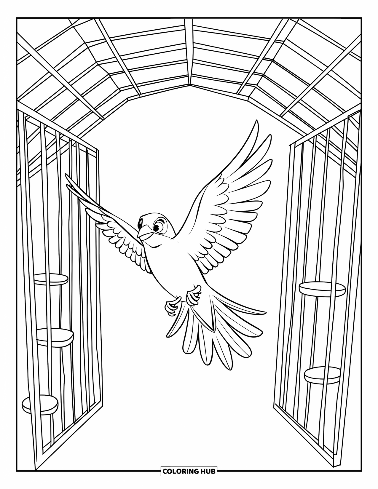 Pet Coloring Page for Kids: A bird glides toward its perch in an open aviary