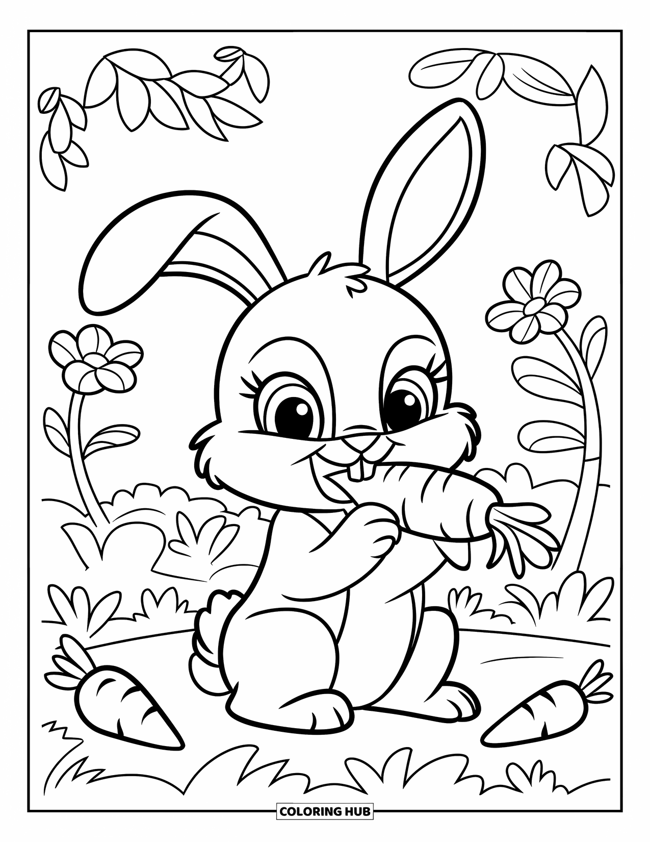 Pet Coloring Page for Kids: A bunny enjoys a carrot while sitting among flowers and leaves