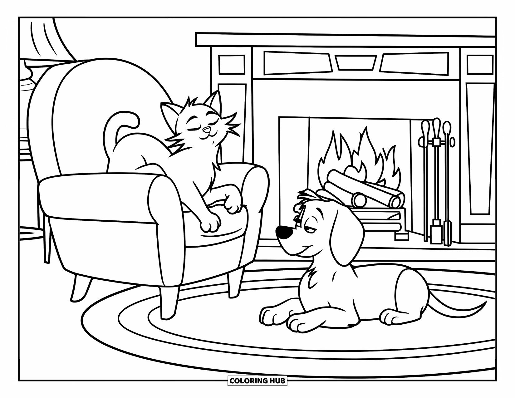Pet Coloring Page for Kids: A cat snoozes on a chair while a dog lounges by the cozy fireplace