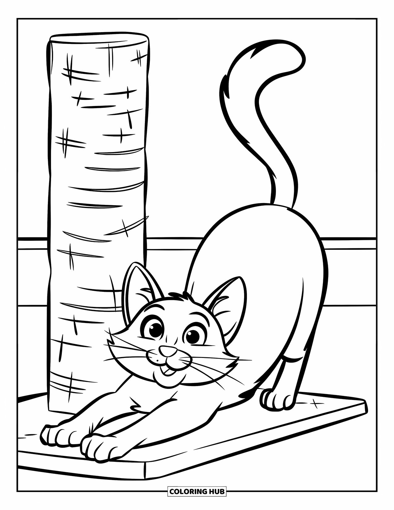 Pet Coloring Page for Kids: A cat stretches beside a well-used scratching post