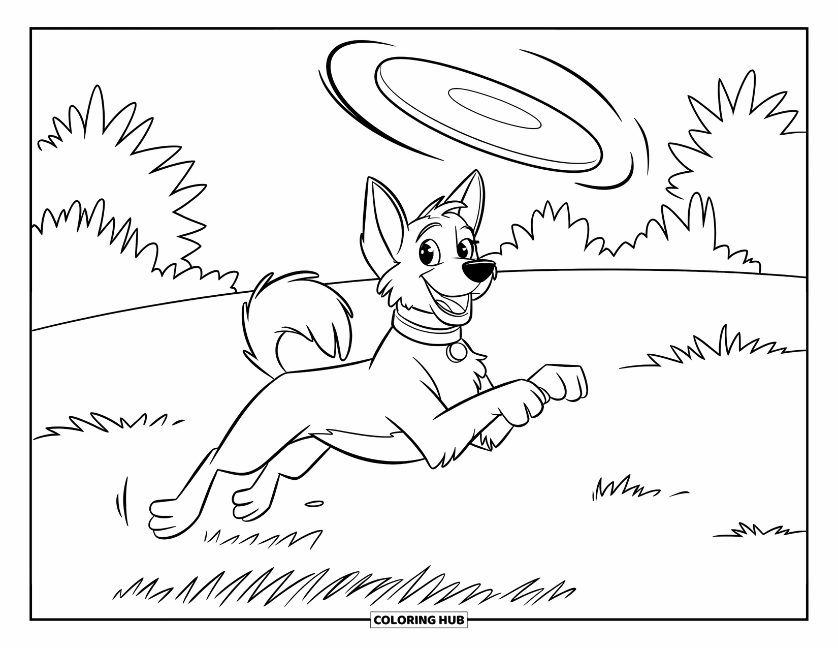 Pet Coloring Page for Kids: A cheerful dog leaps to grab a frisbee flying through a sunny field