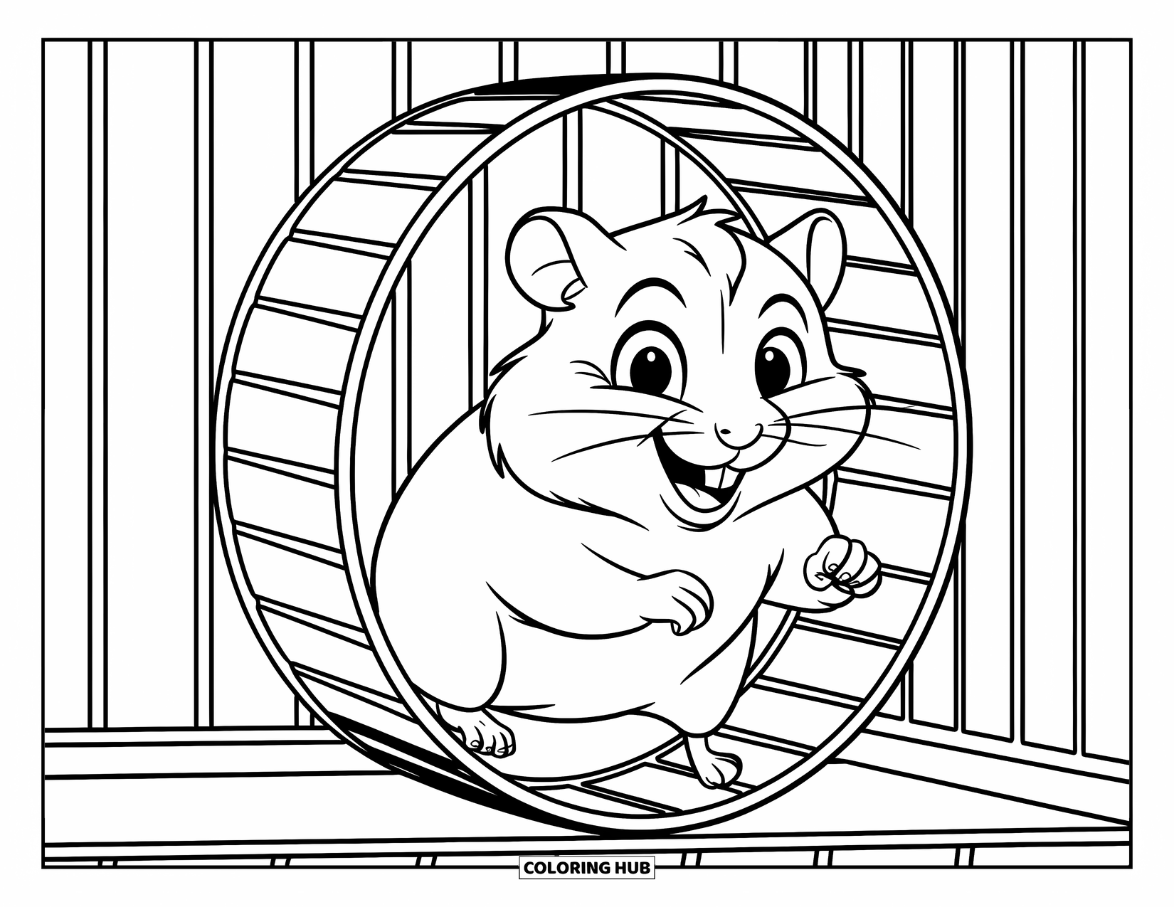 Pet Coloring Page for Kids: A cheerful hamster runs in circles inside its cage wheel
