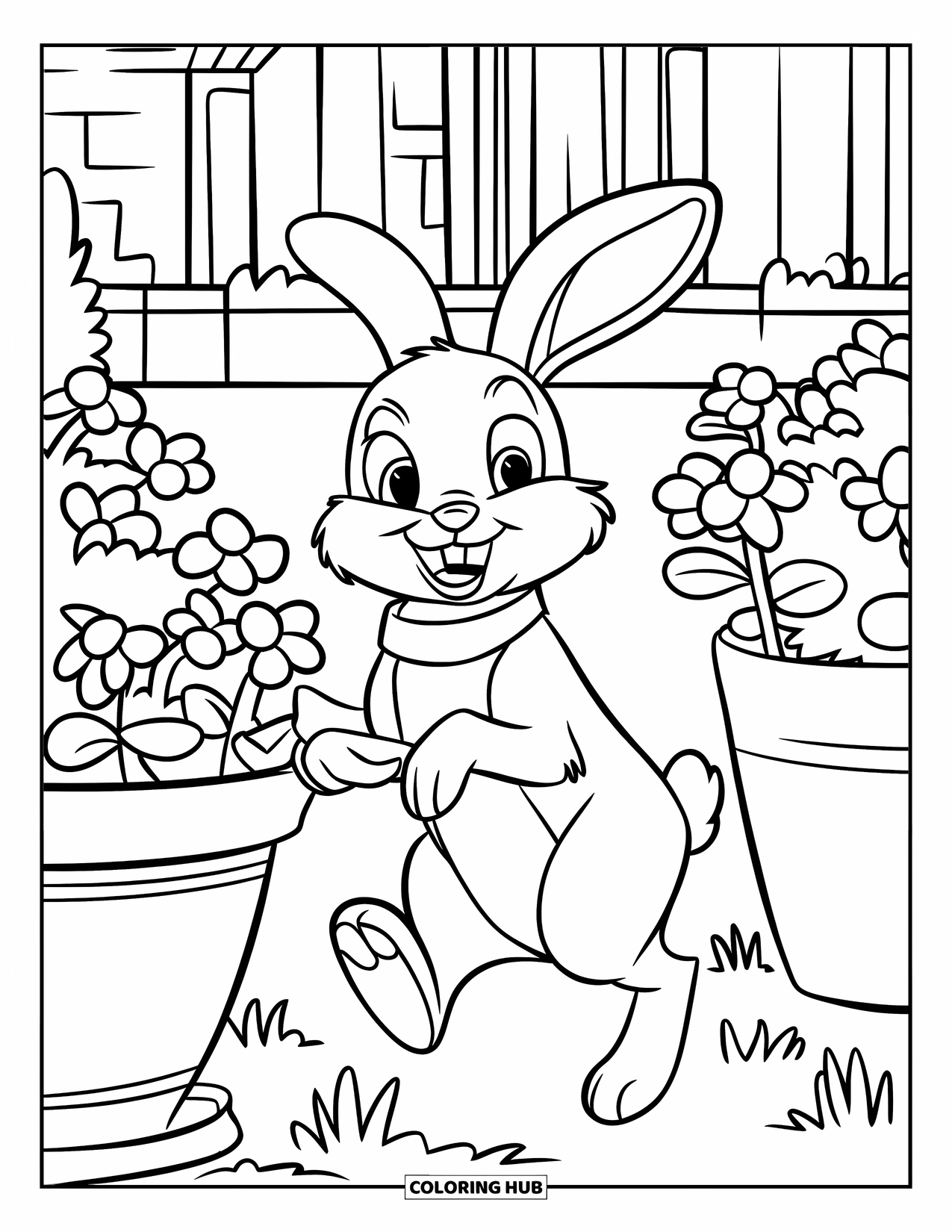 Pet Coloring Page for Kids: A collared bunny hops beside flower pots in a sunny yard