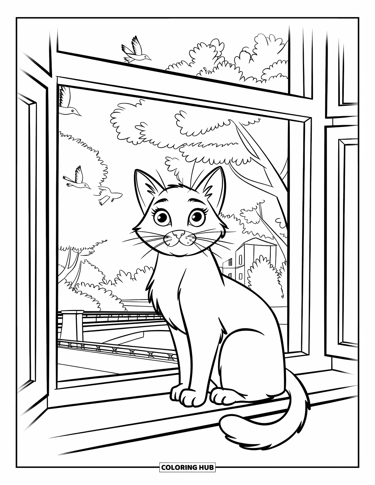 Pet Coloring Page for Kids: A curious cat sits quietly, taking in the view outside the window