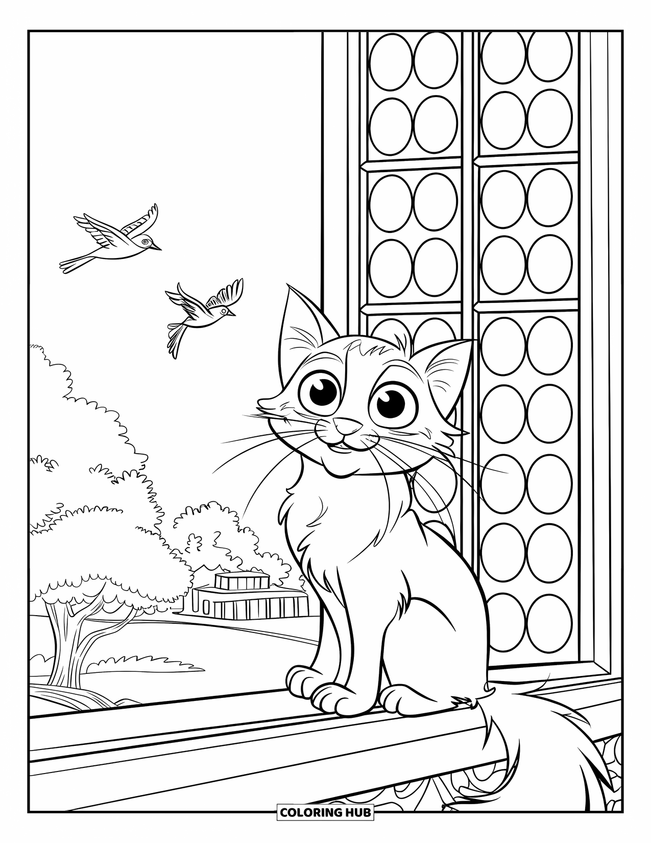 Pet Coloring Page for Kids: A fluffy-tailed cat gazes outside at the peaceful view