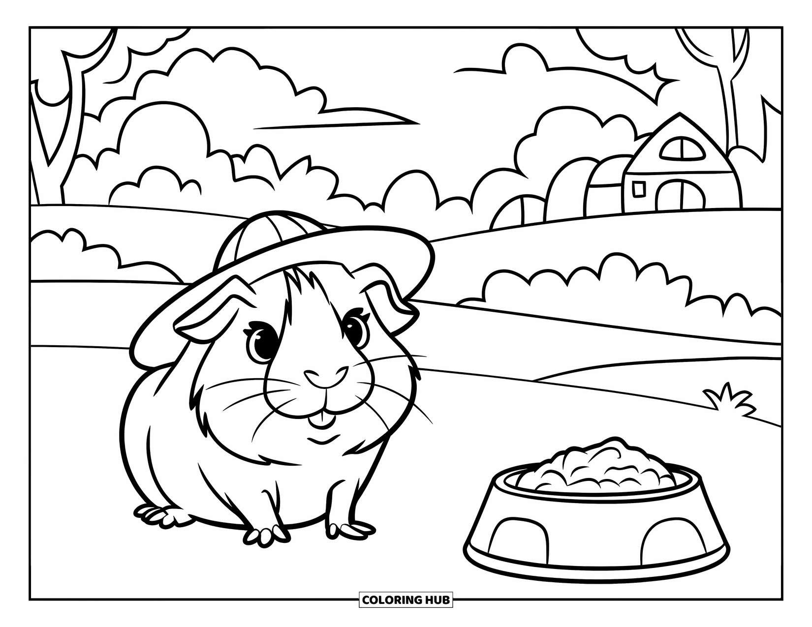 Pet Coloring Page for Kids: A guinea pig in a hat relaxes with food near a peaceful scene