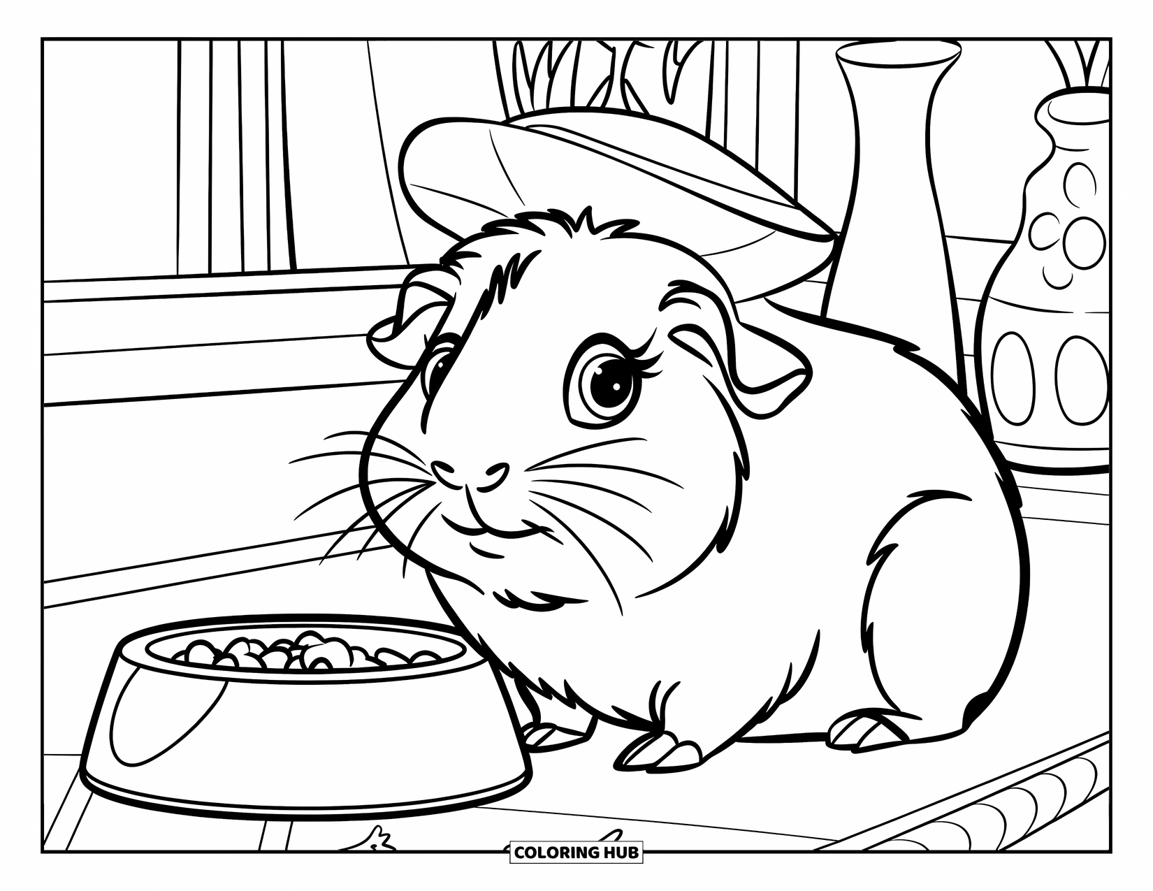 Pet Coloring Page for Kids: A guinea pig in a hat sits beside its full food bowl