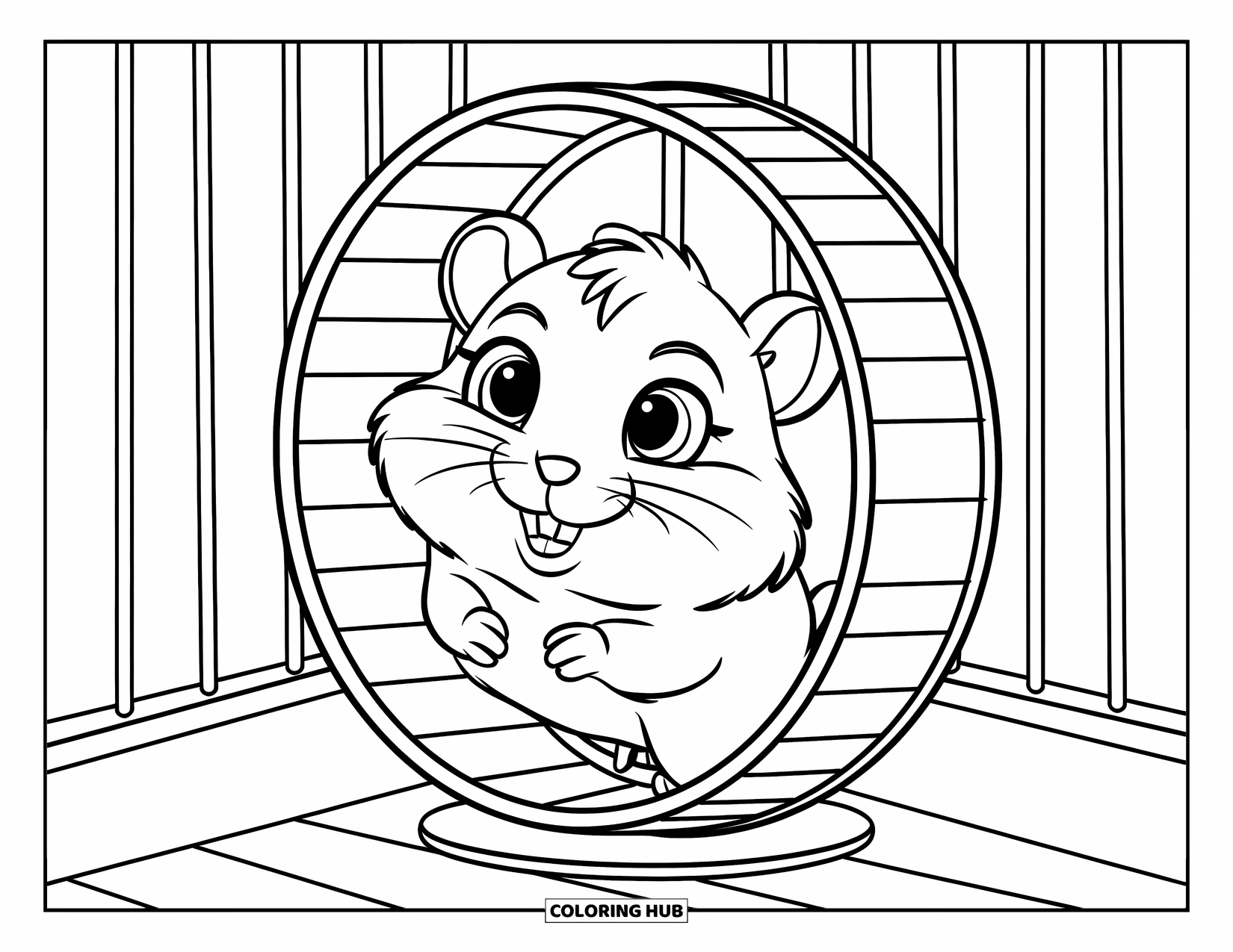 Pet Coloring Page for Kids: A hamster happily runs inside its spinning wheel