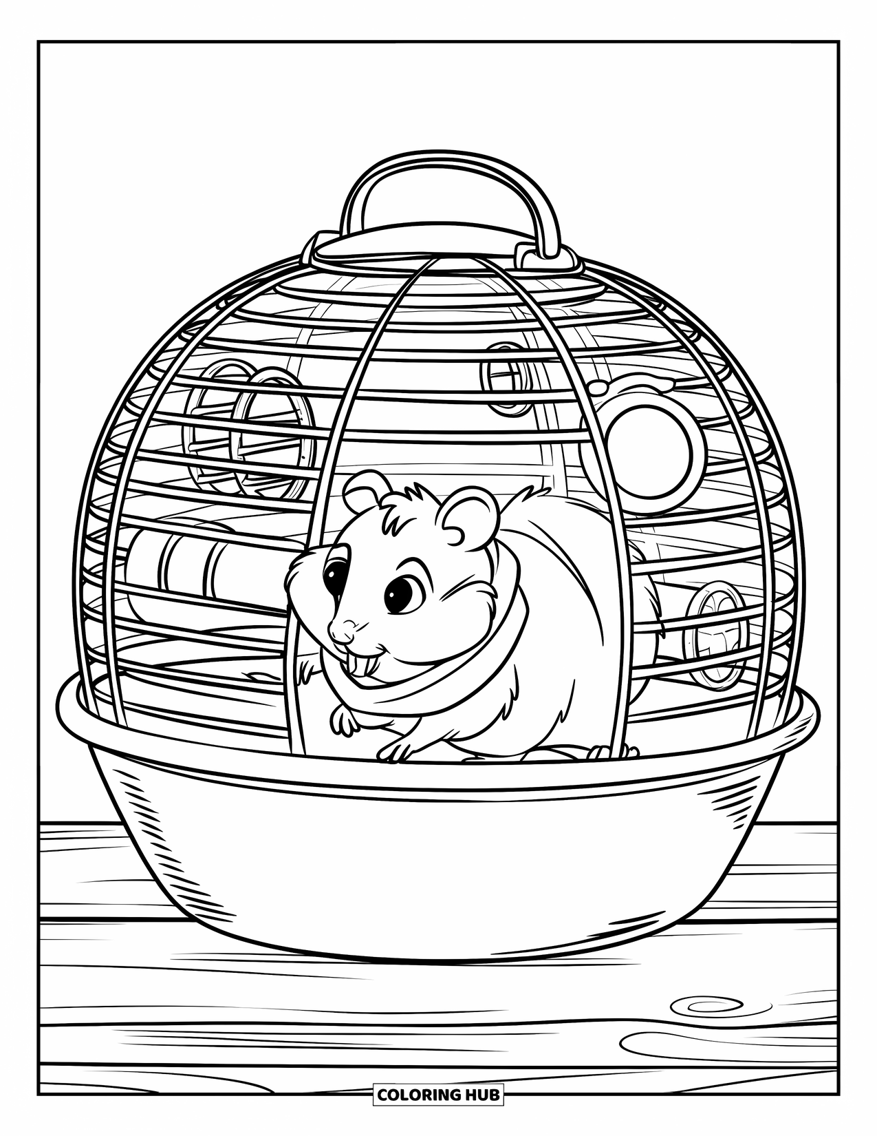 Pet Coloring Page for Kids: A hamster in a scarf crawls through a cage filled with toys and tubes