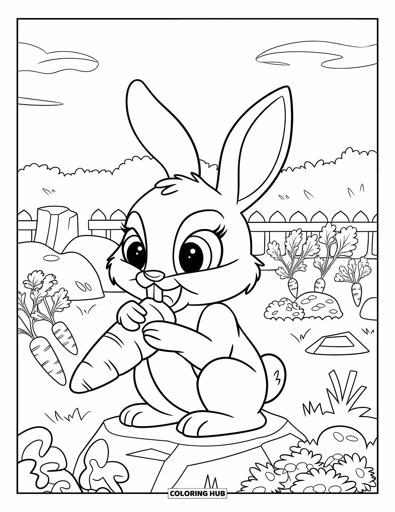Pet Coloring Page for Kids: A happy bunny eats a carrot among flowers and lettuce