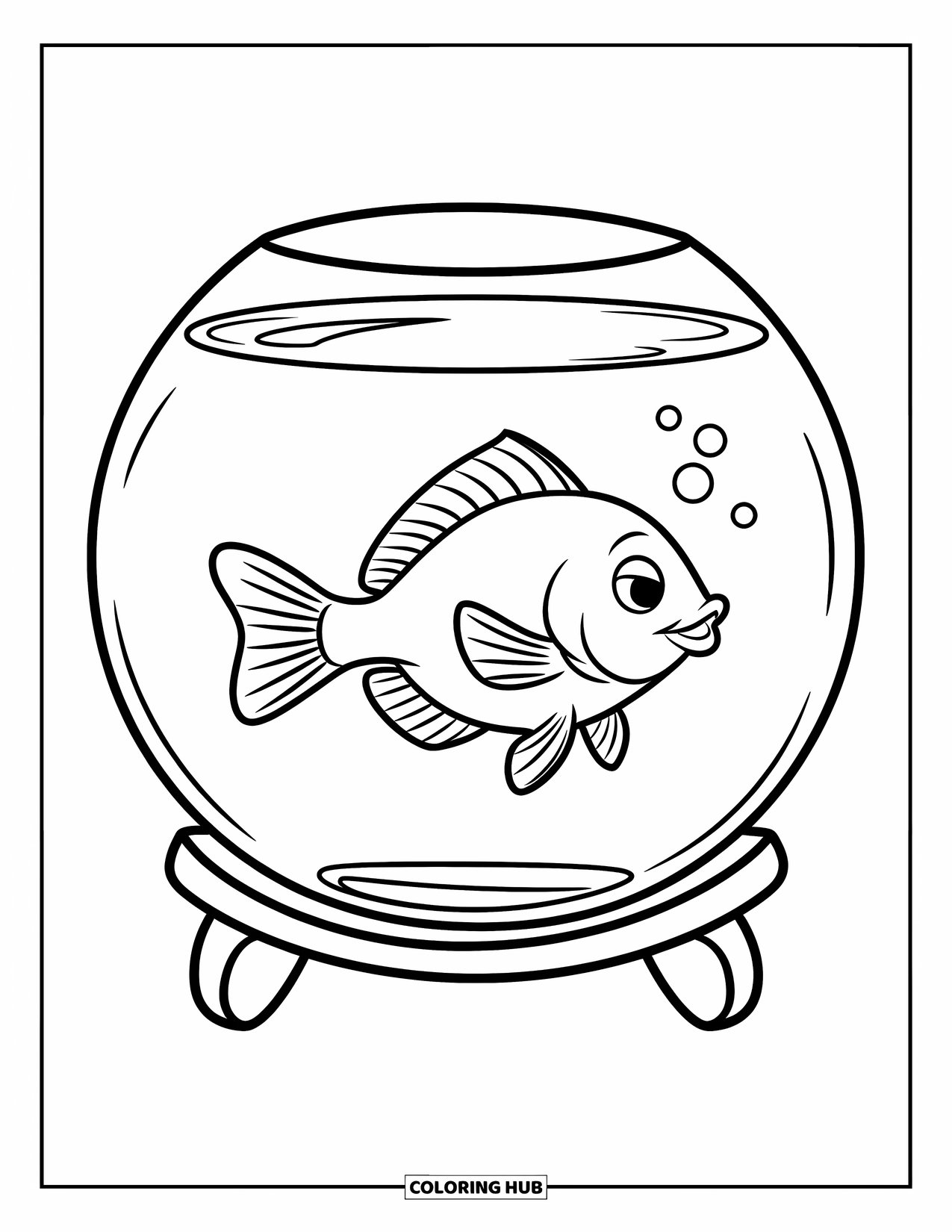 Pet Coloring Page for Kids: A happy fish swims alone in a round bowl on a stand
