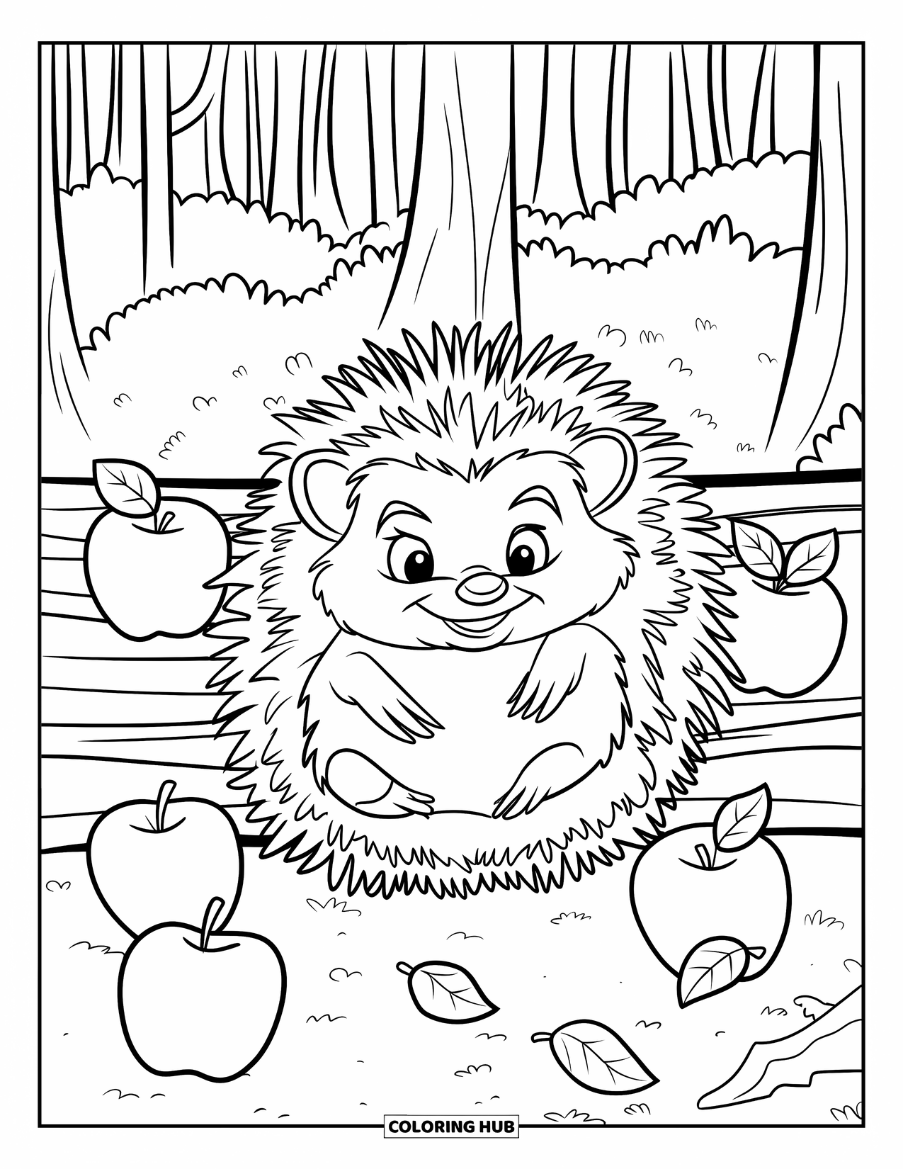 Pet Coloring Page for Kids: A hedgehog sits on a log surrounded by apples and crunchy leaves