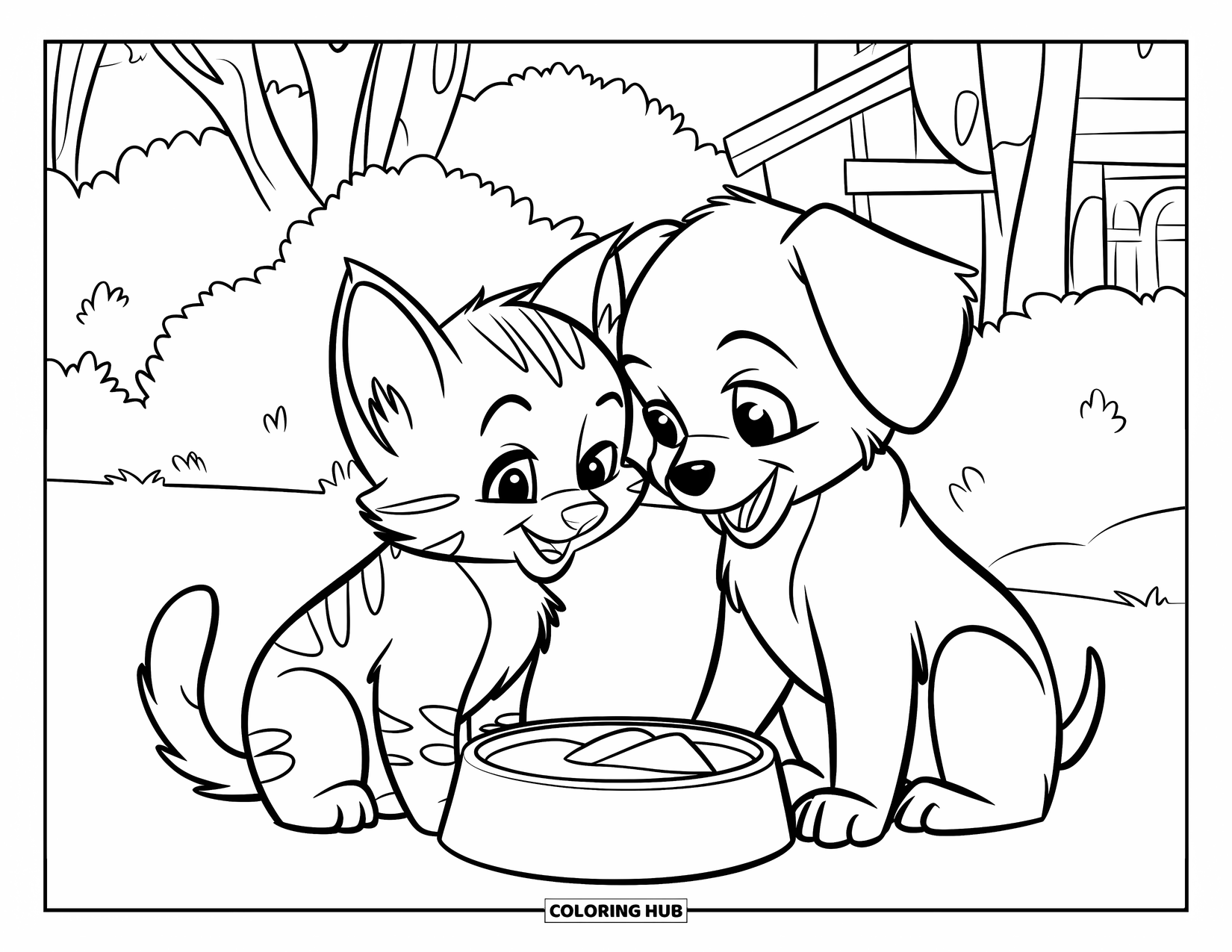 Pet Coloring Page for Kids: A kitten and puppy share a bowl in a grassy yard