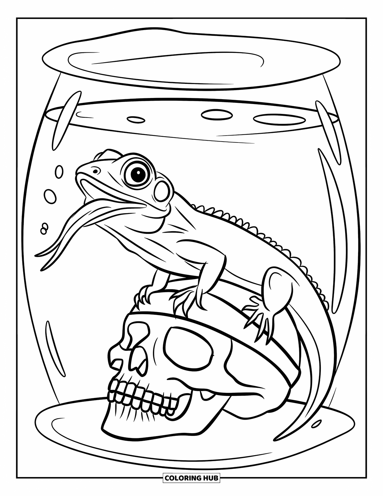 Pet Coloring Page for Kids: A lizard perches alertly on a skull inside its tank