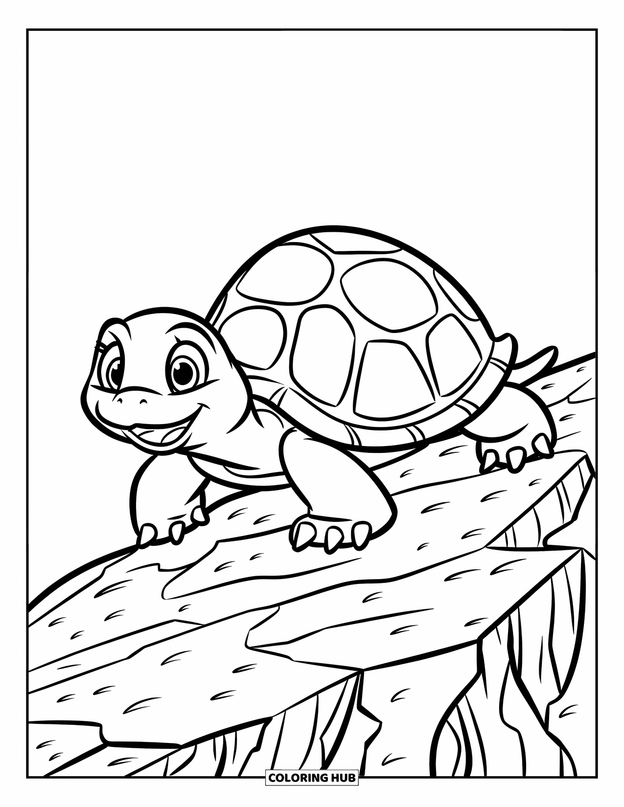 Pet Coloring Page for Kids: A playful turtle crawls happily over a cracked rock