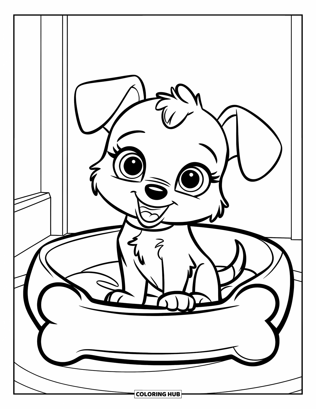 Pet Coloring Page for Kids: A puppy with big eyes sits sweetly in a bone-shaped bed