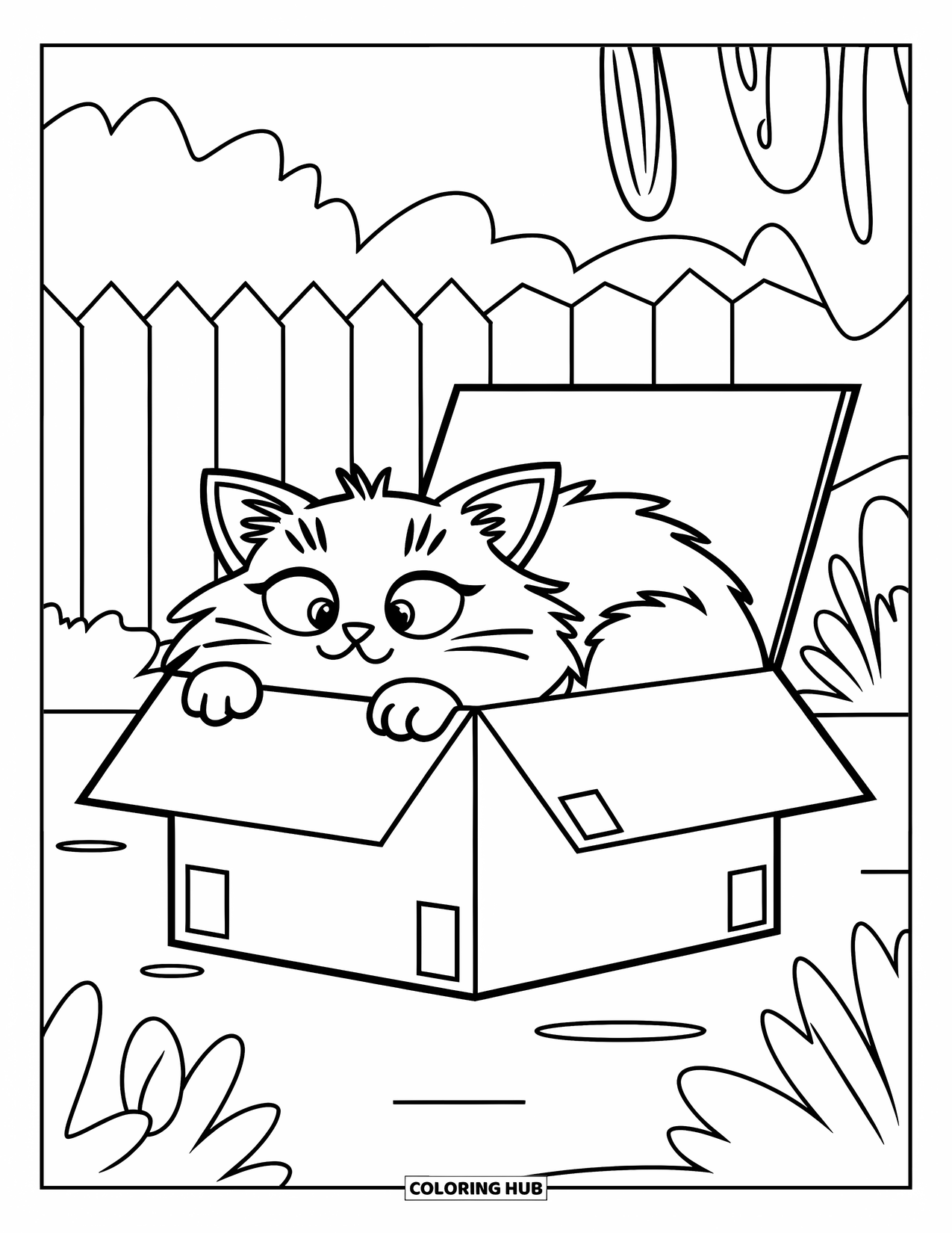 Pet Coloring Page for Kids: A round-faced cat naps in a box with plants around