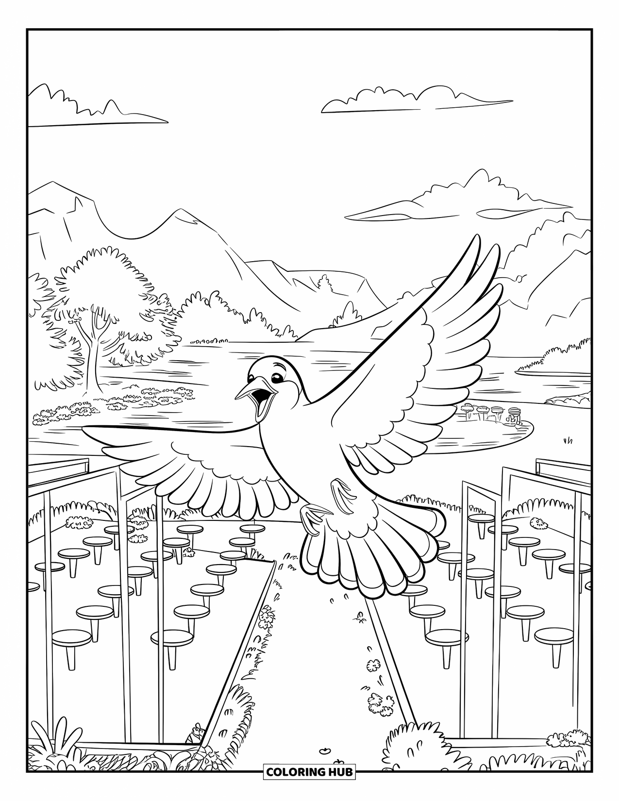 Pet Coloring Page for Kids: A singing bird flies joyfully in a peaceful, green aviary