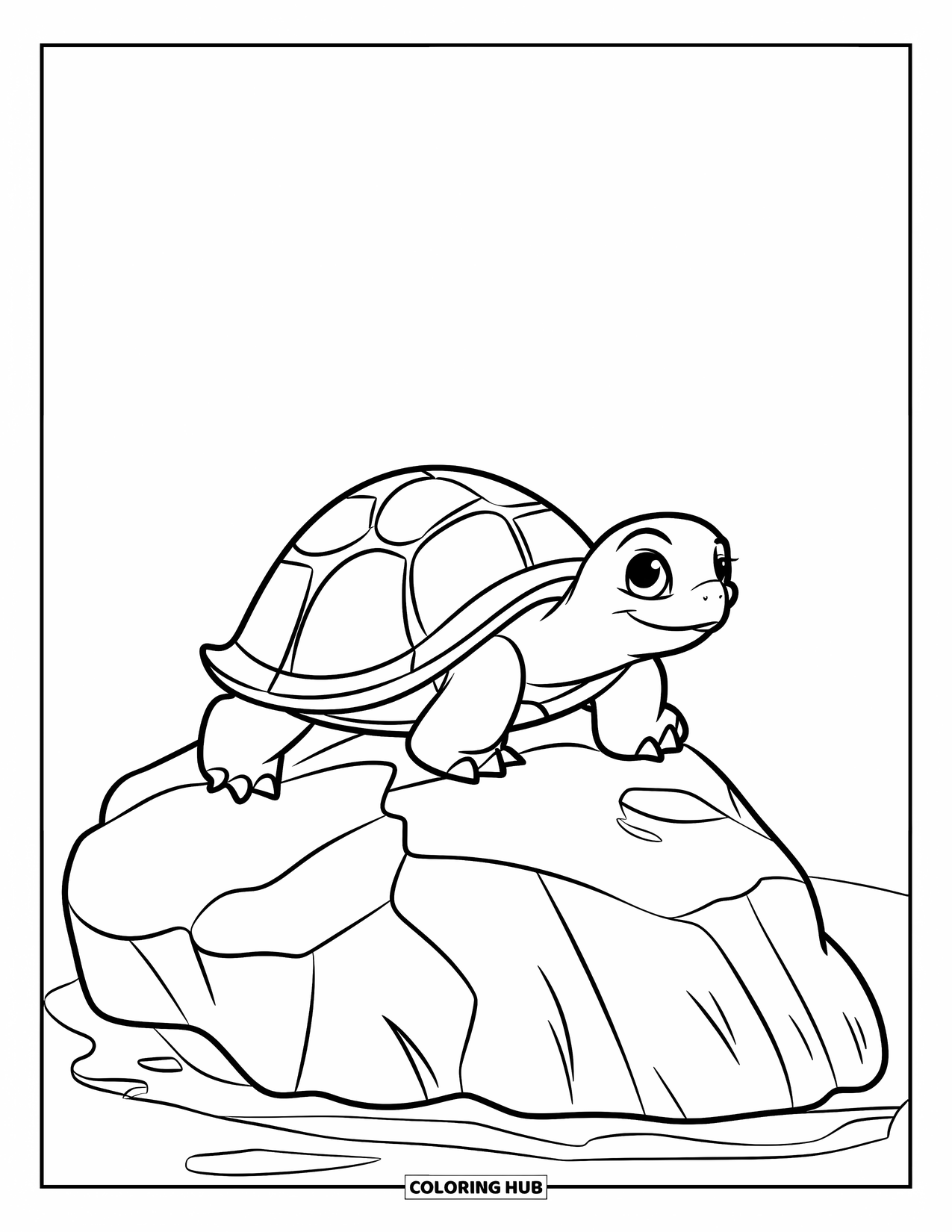 Pet Coloring Page for Kids: A small turtle crawls slowly across a bumpy rock