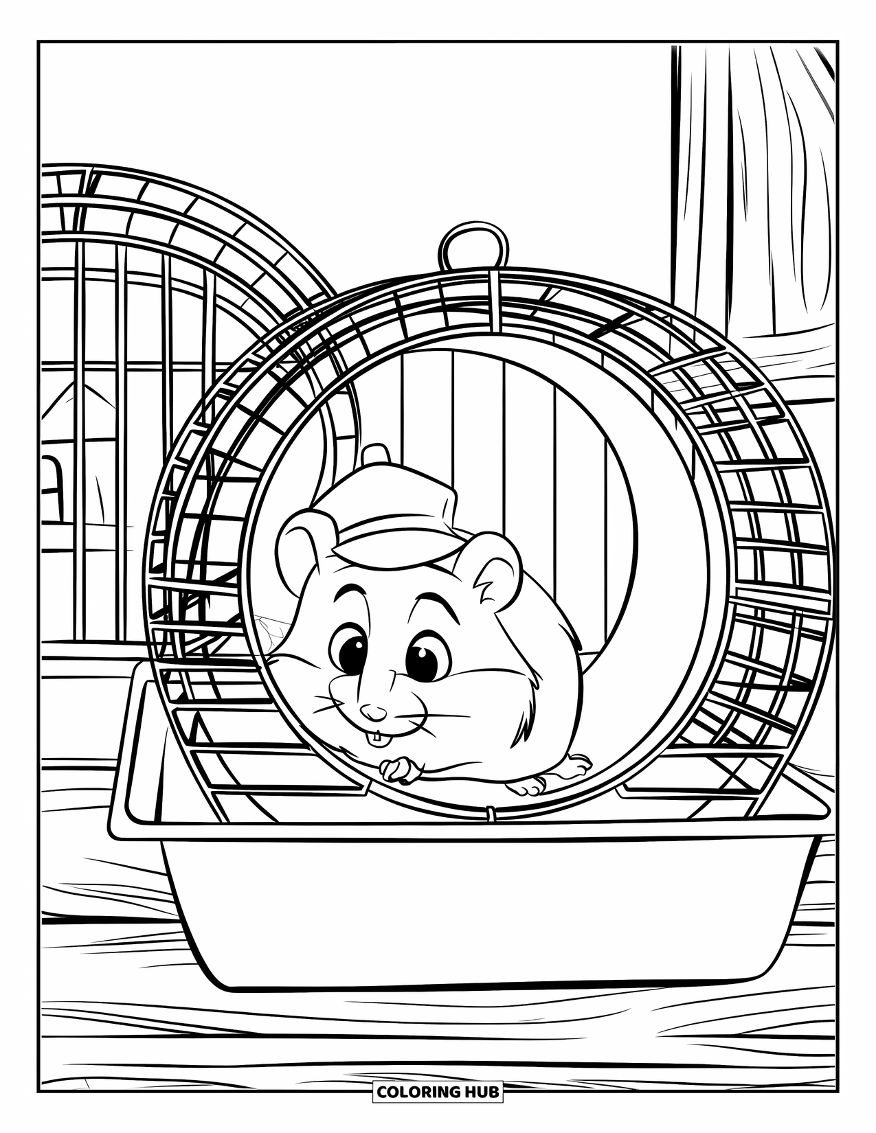 Pet Coloring Page for Kids: A tiny hamster explores a tunnel wearing a cute little hat