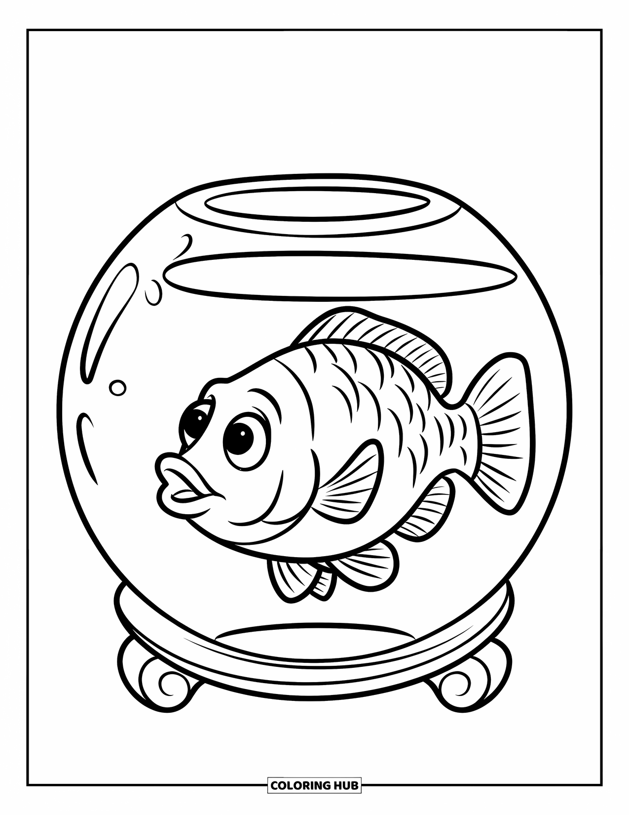 Pet Coloring Page for Kids: A wide-eyed fish swims around its bowl with a big smile