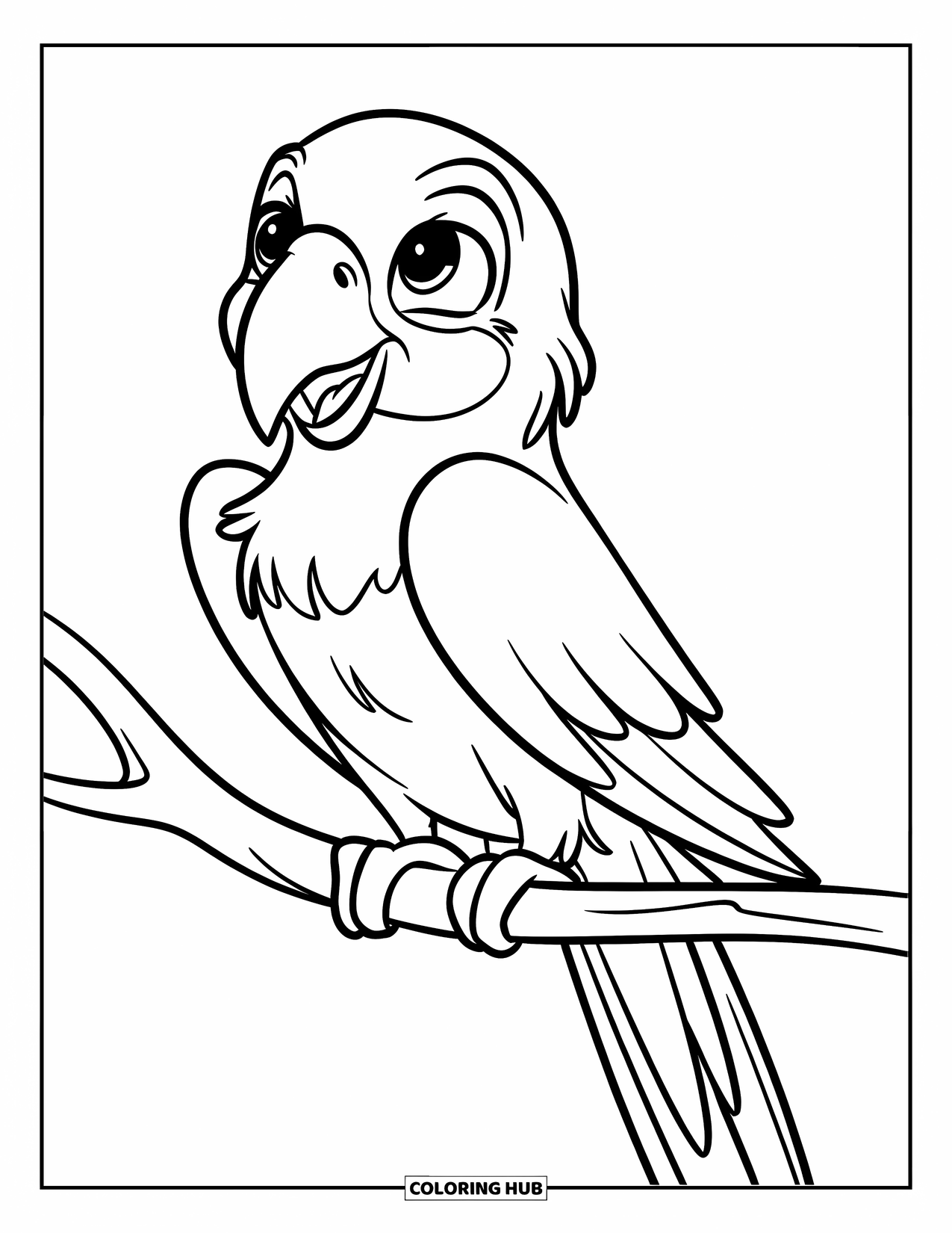 Pet Coloring Page for Kids: A wide-eyed parrot sits peacefully on a curved branch