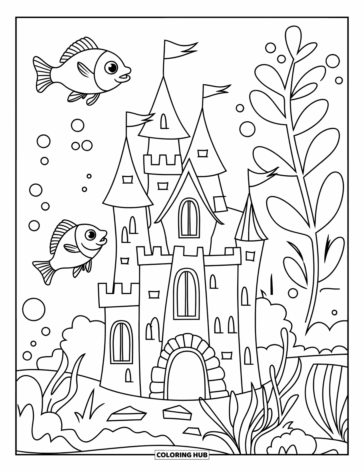 Pet Coloring Page for Kids: Fish swim around a small castle in a plant-filled aquarium