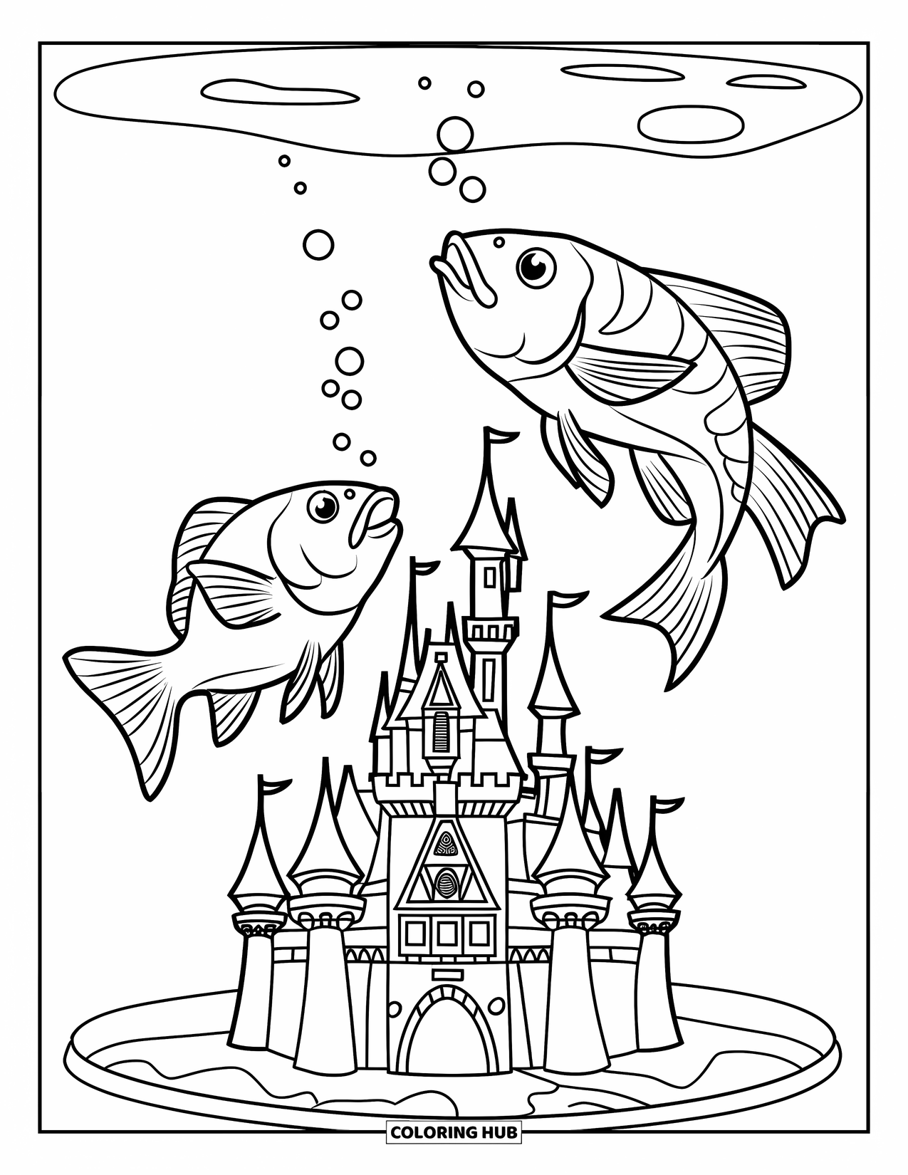 Pet Coloring Page for Kids: Two fish explore a detailed castle in their clear water tank