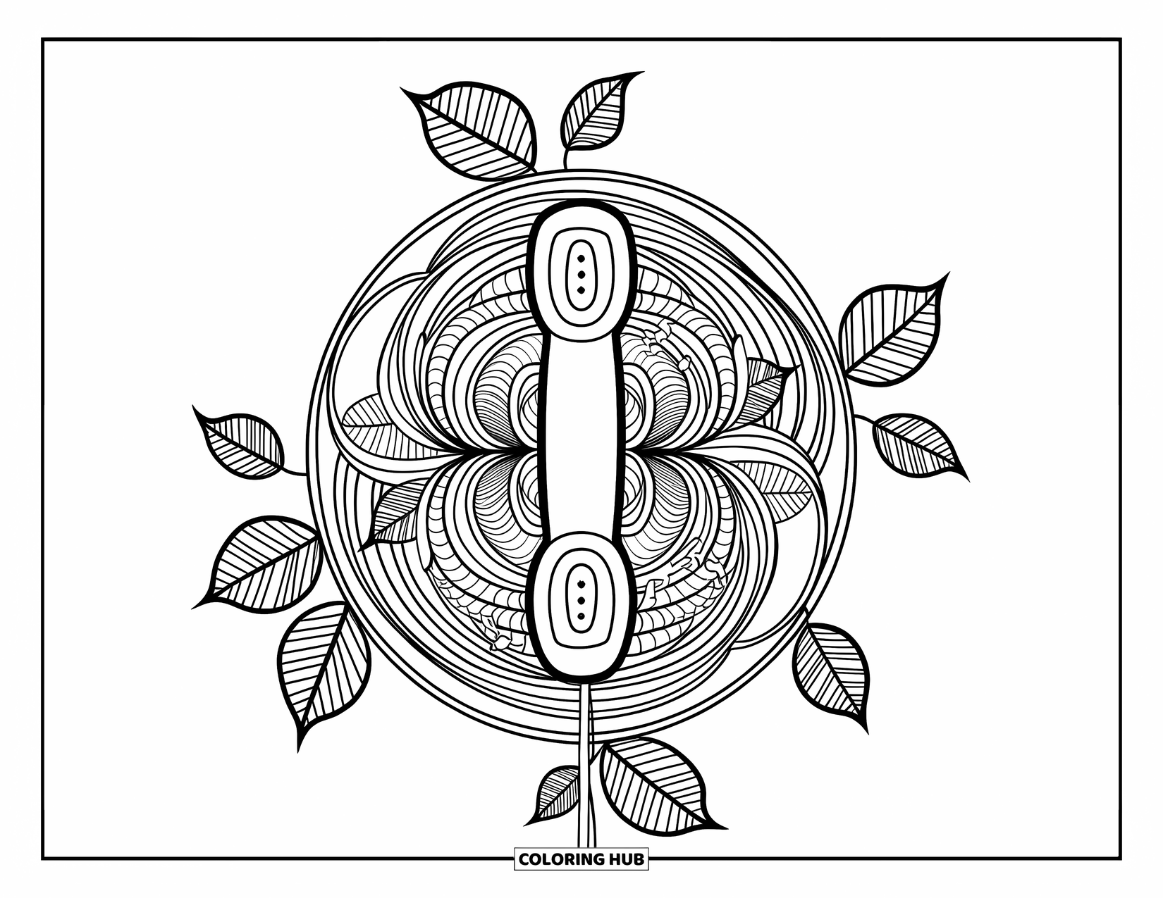 Phone Coloring Page for Adults: A classic phone handset framed by artistic leaves and floral circles