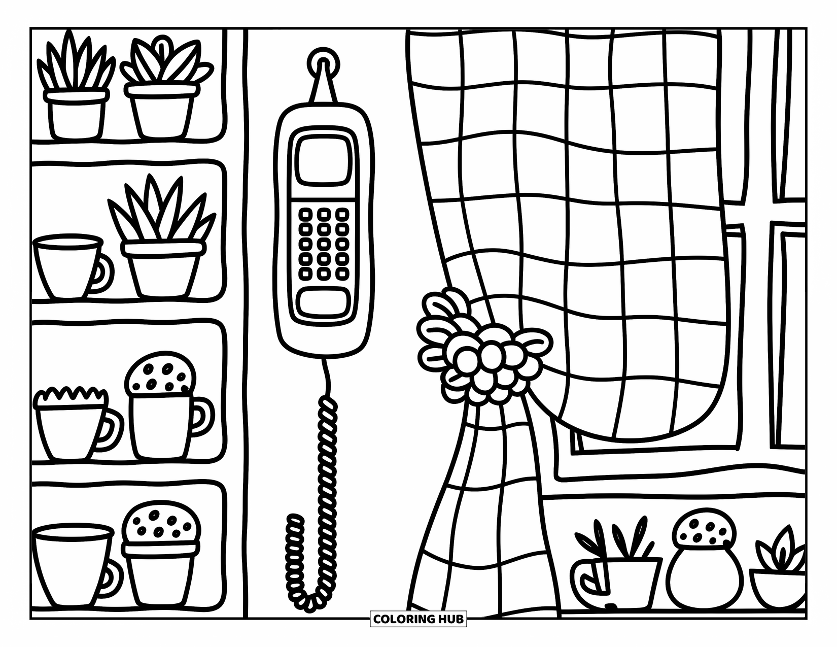 Phone Coloring Page for Adults: A classic wall phone hangs near shelves with mugs, plants, and a cozy curtain