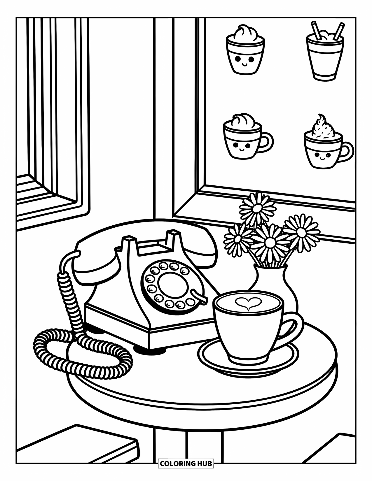 Phone Coloring Page for Adults: A cozy café table with a phone, latte, and flowers beside a doodled menu