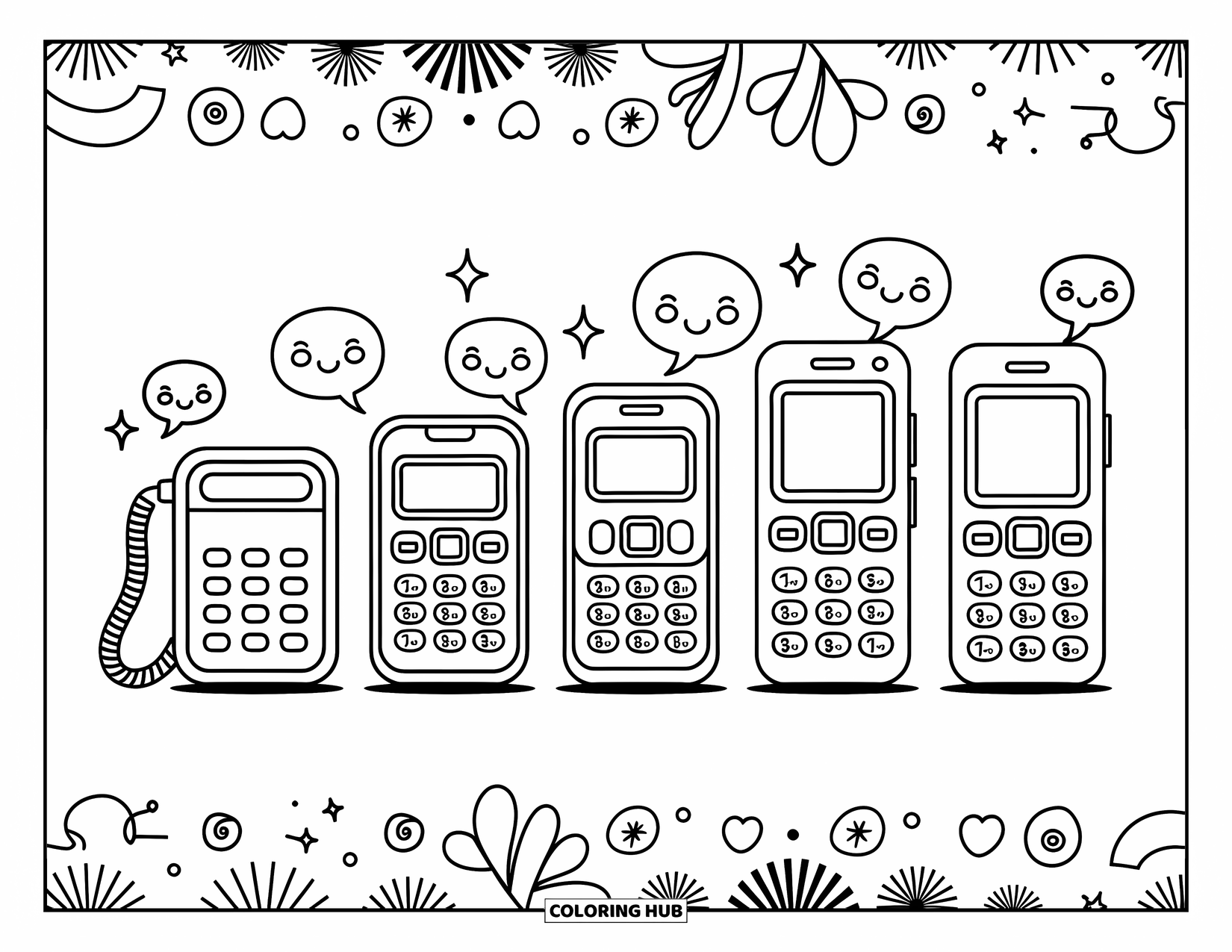 Phone Coloring Page for Adults: A lineup of phones shows tech evolution, each with stickers and smiling speech bubbles