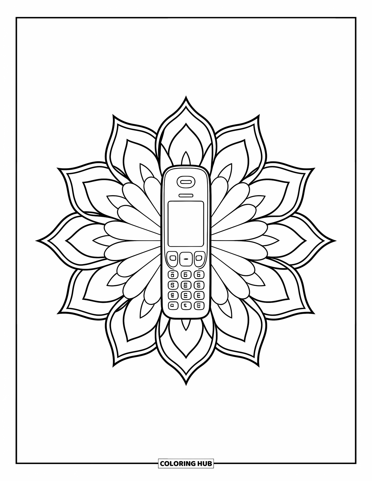 Phone Coloring Page for Adults: A phone centered in a lotus-shaped pattern with petal details