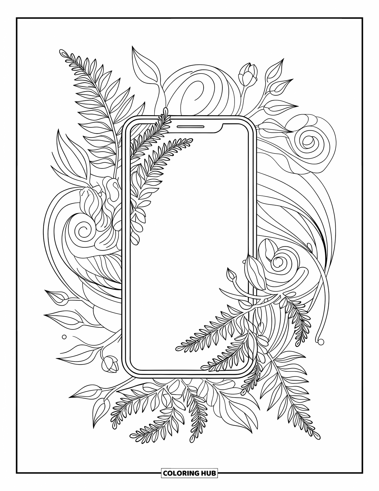Phone Coloring Page for Adults: A phone framed by swirling leaves and floral curls in a detailed layout