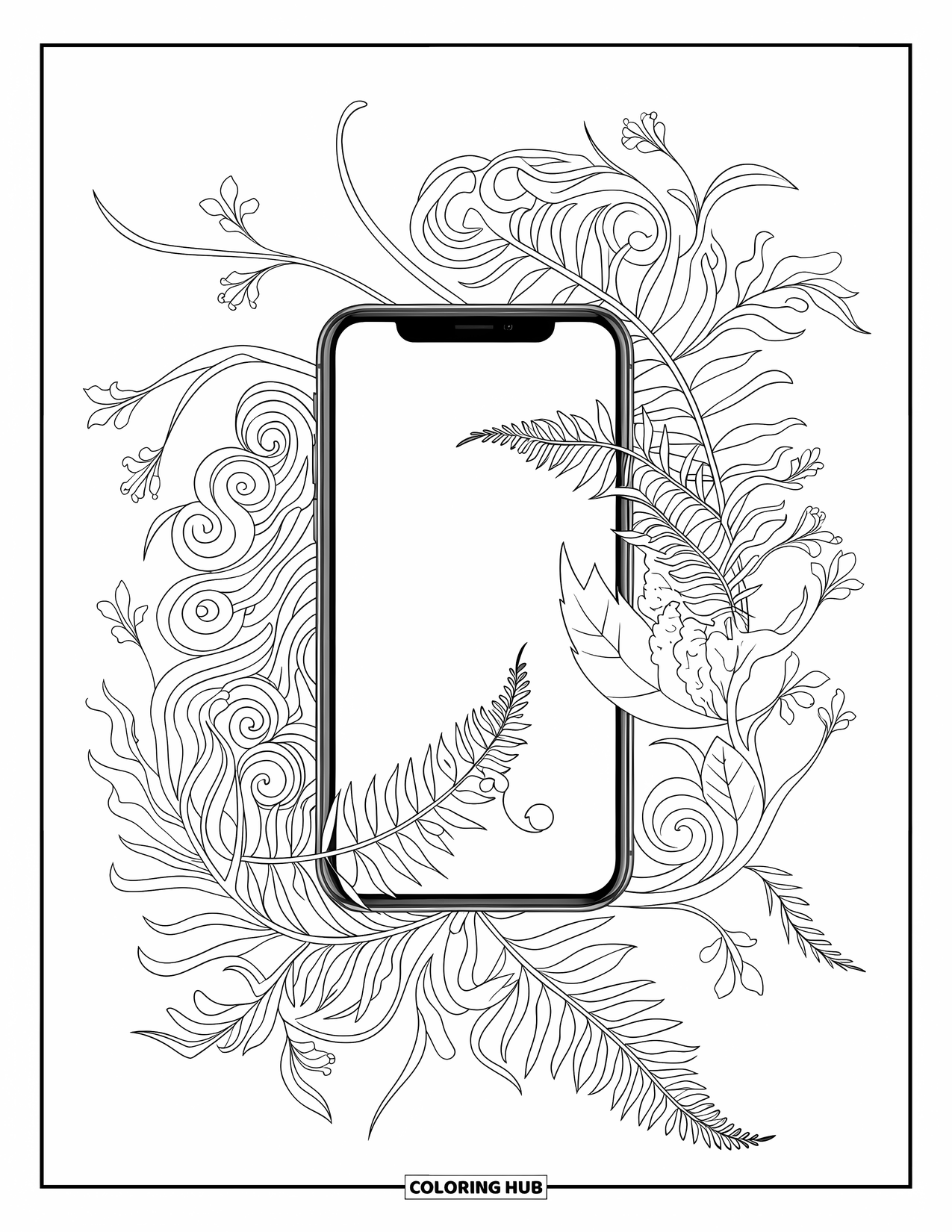 Phone Coloring Page for Adults: A phone surrounded by fern leaves, floral spirals, and blooming buds