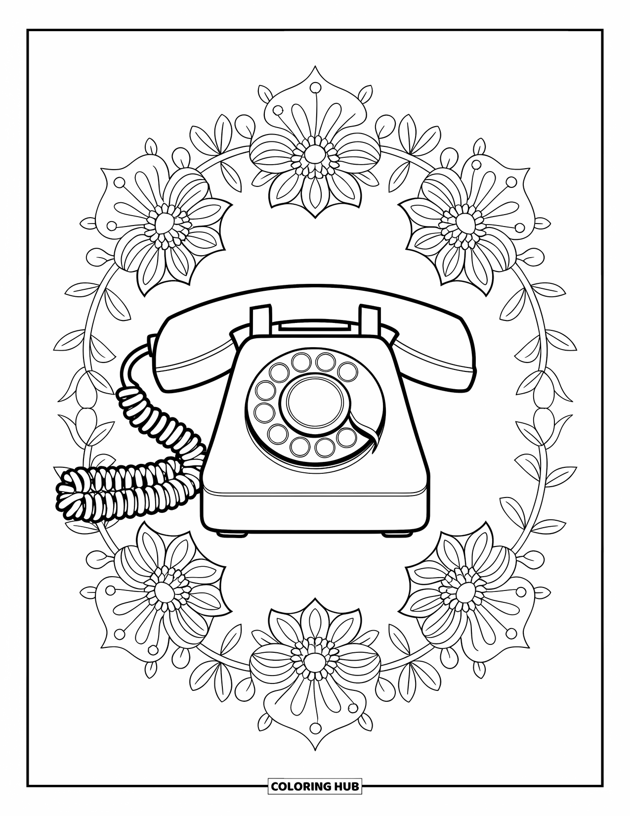 Phone Coloring Page for Adults: A rotary phone sits at the center of floral mandalas with leafy vines