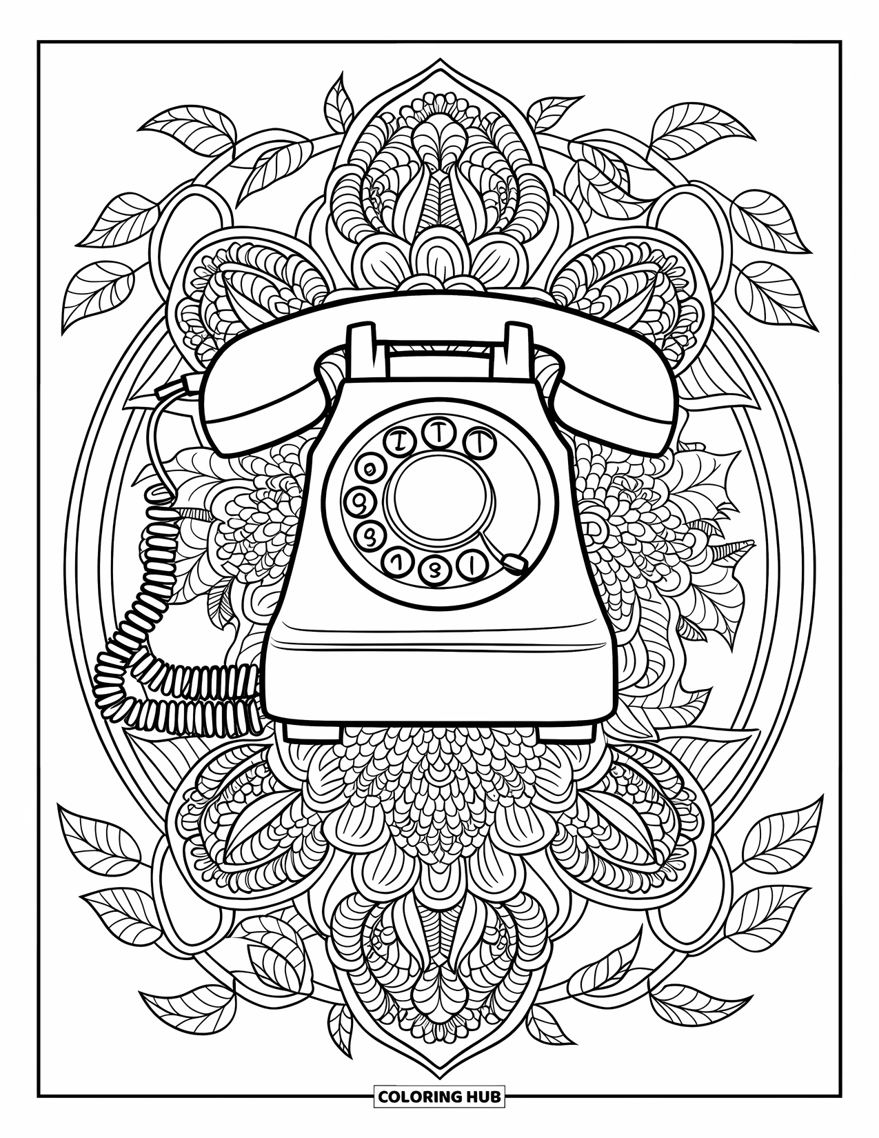 Phone Coloring Page for Adults: A rotary phone surrounded by bold floral mandalas and swirling vines